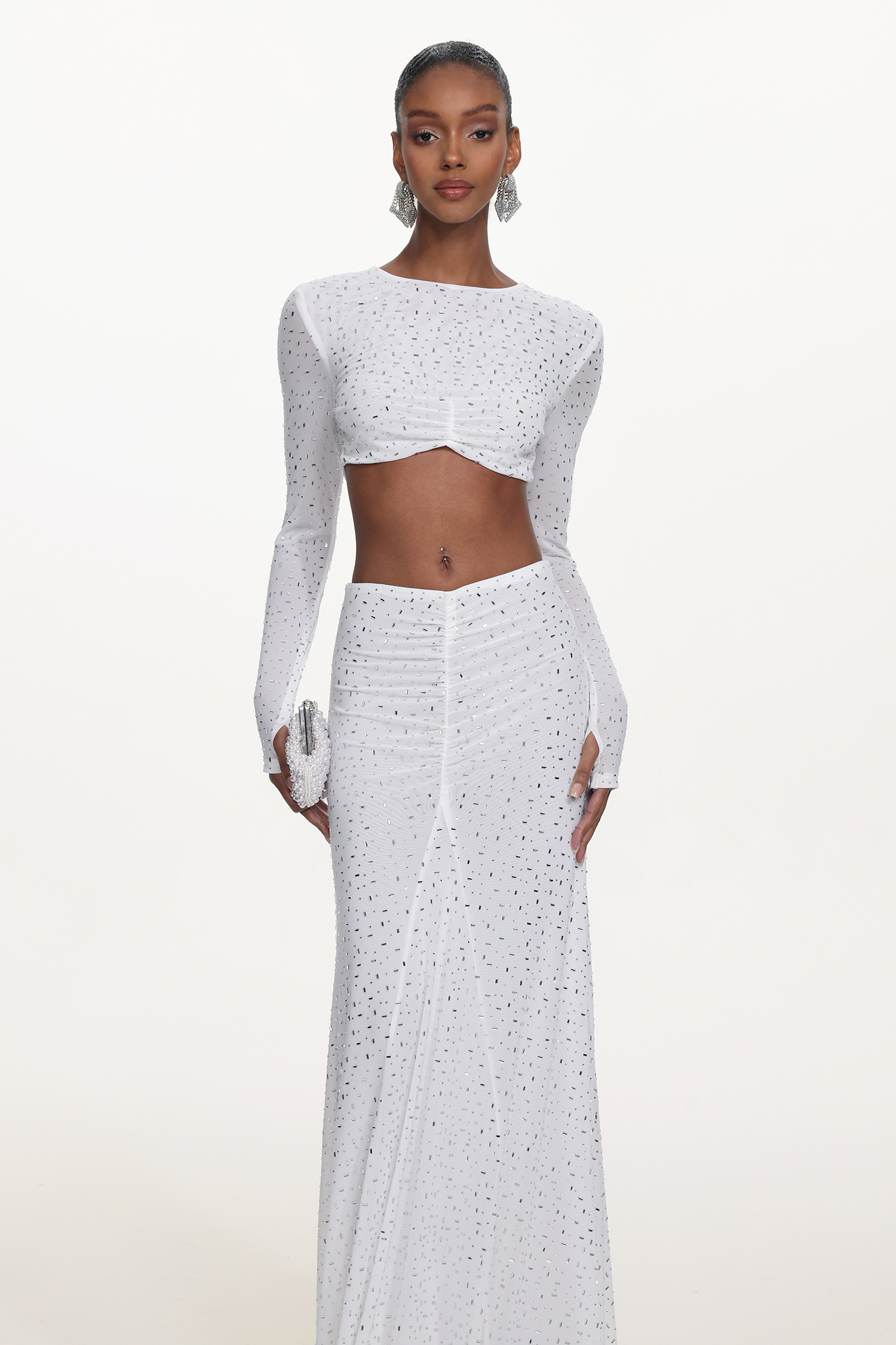 Elva Chic Contour Long Sleeve Ruched Crystal Top and Skirt Set