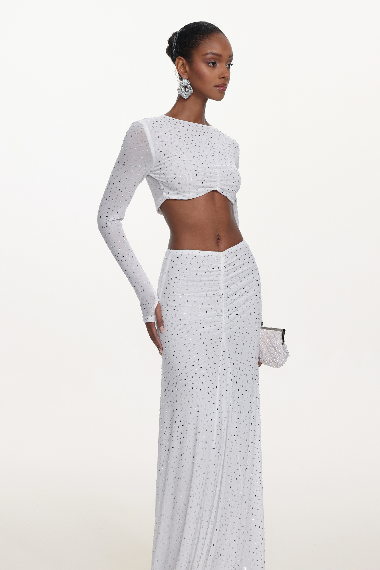 Elva Chic Contour Long Sleeve Ruched Crystal Top and Skirt Set