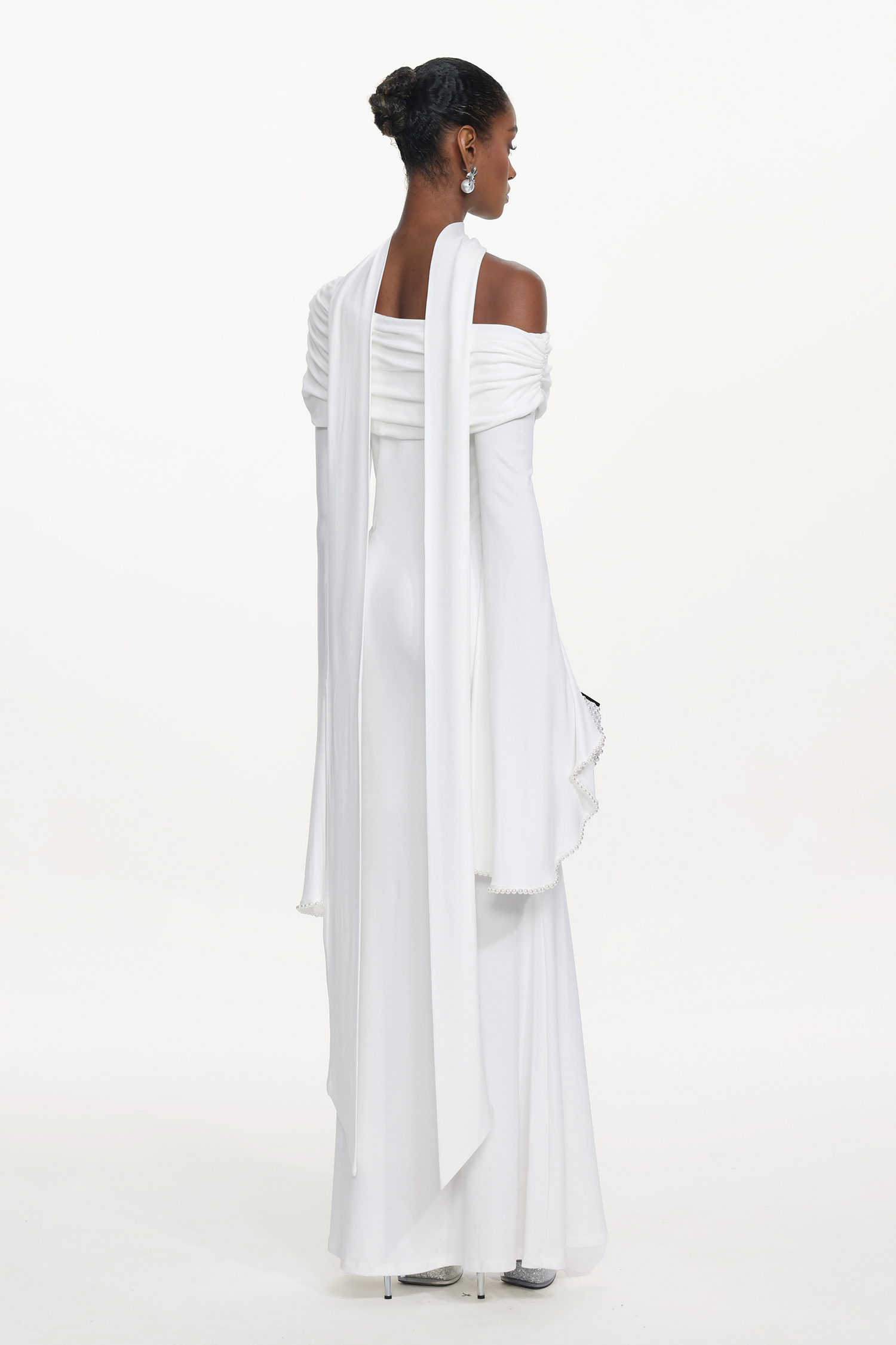 Timesha Chic Contour One Shoulder Pearl Ruched White Maxi Dress