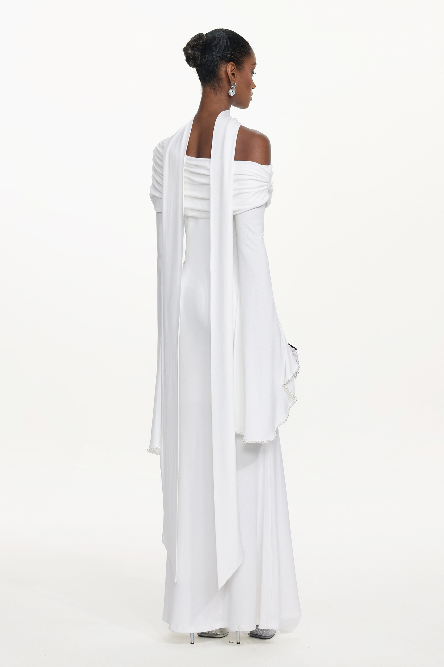 Timesha Chic Contour One Shoulder Pearl Ruched White Maxi Dress