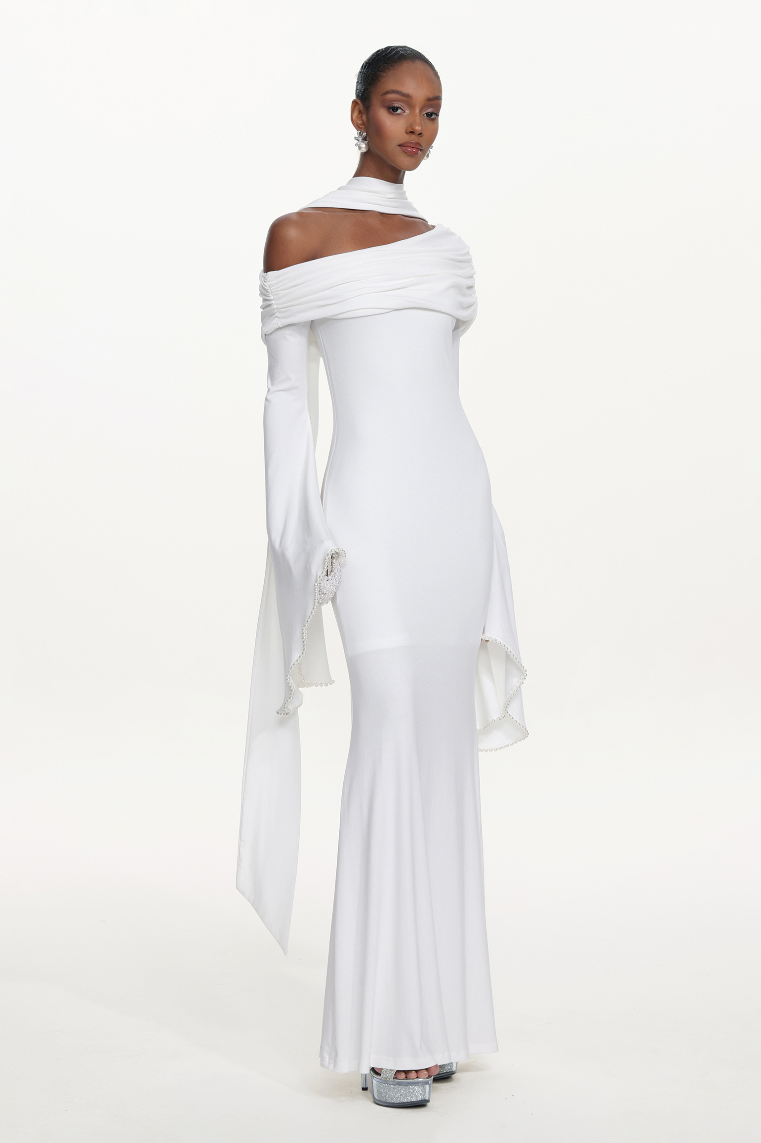 Timesha Chic Contour One Shoulder Pearl Ruched White Maxi Dress
