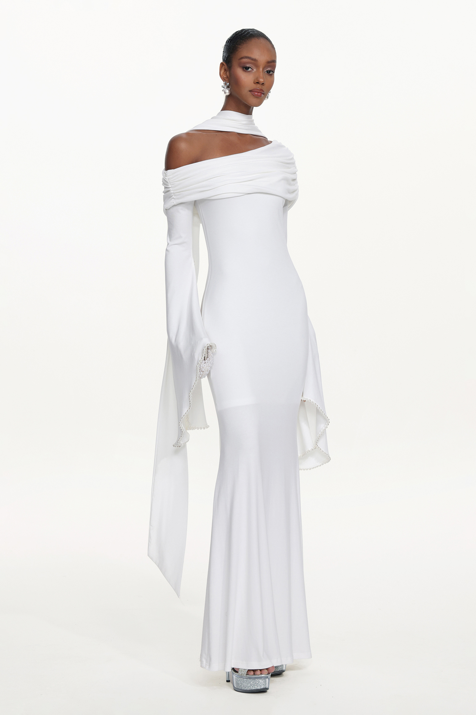 Timesha Chic Contour One Shoulder Pearl Ruched White Maxi Dress