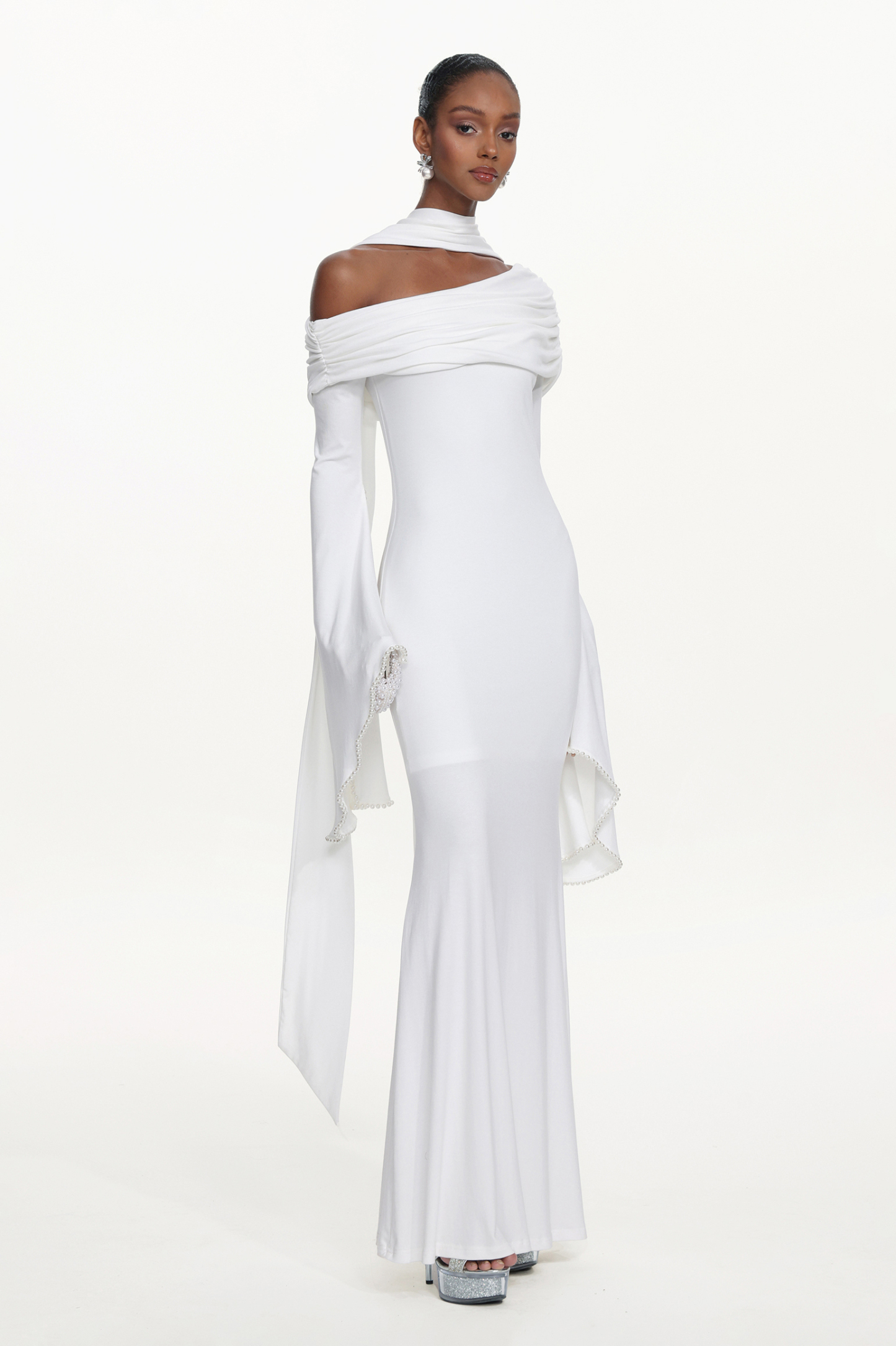 Timesha Chic Contour One Shoulder Pearl Ruched White Maxi Dress
