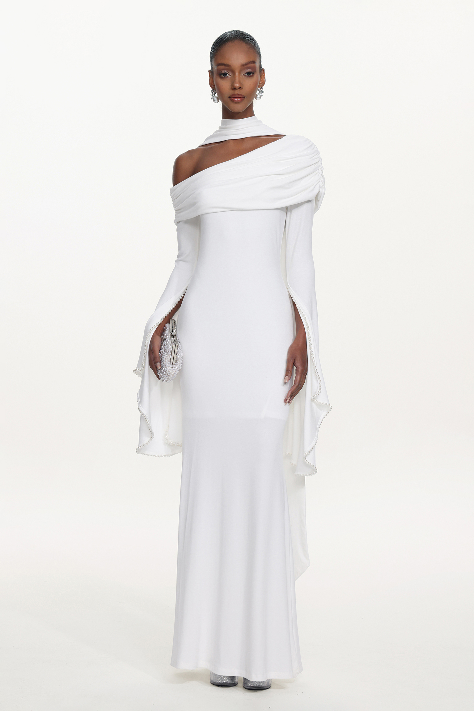 Timesha Chic Contour One Shoulder Pearl Ruched White Maxi Dress