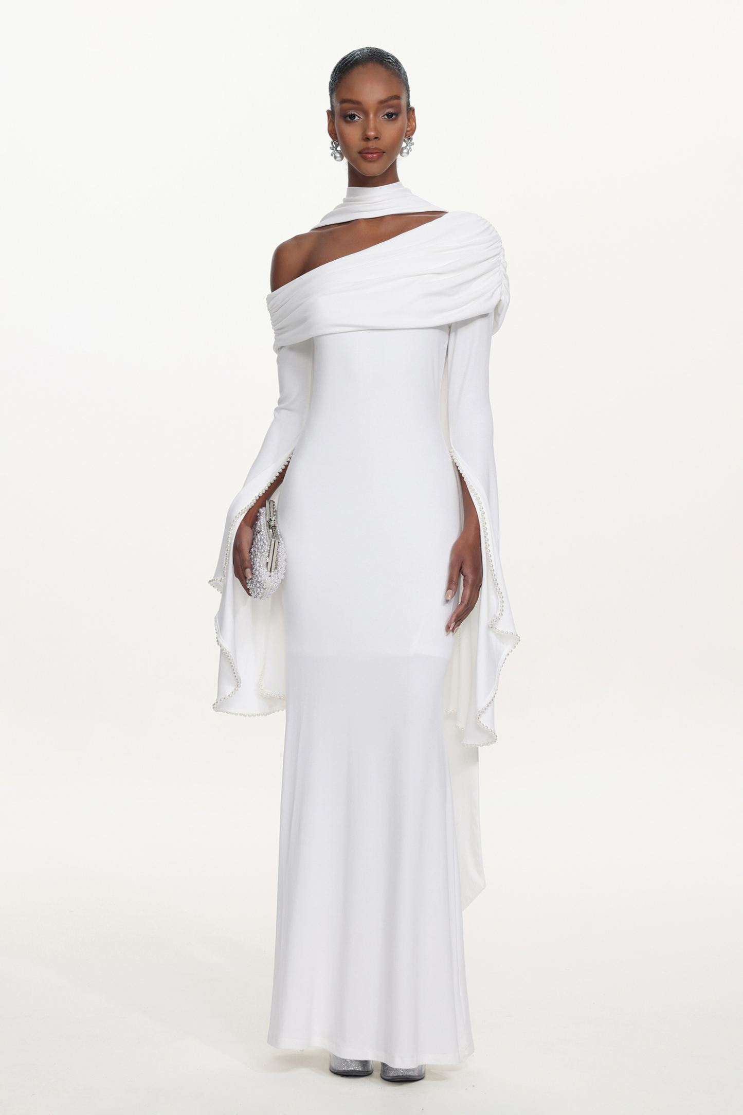 Timesha Chic Contour One Shoulder Pearl Ruched White Maxi Dress