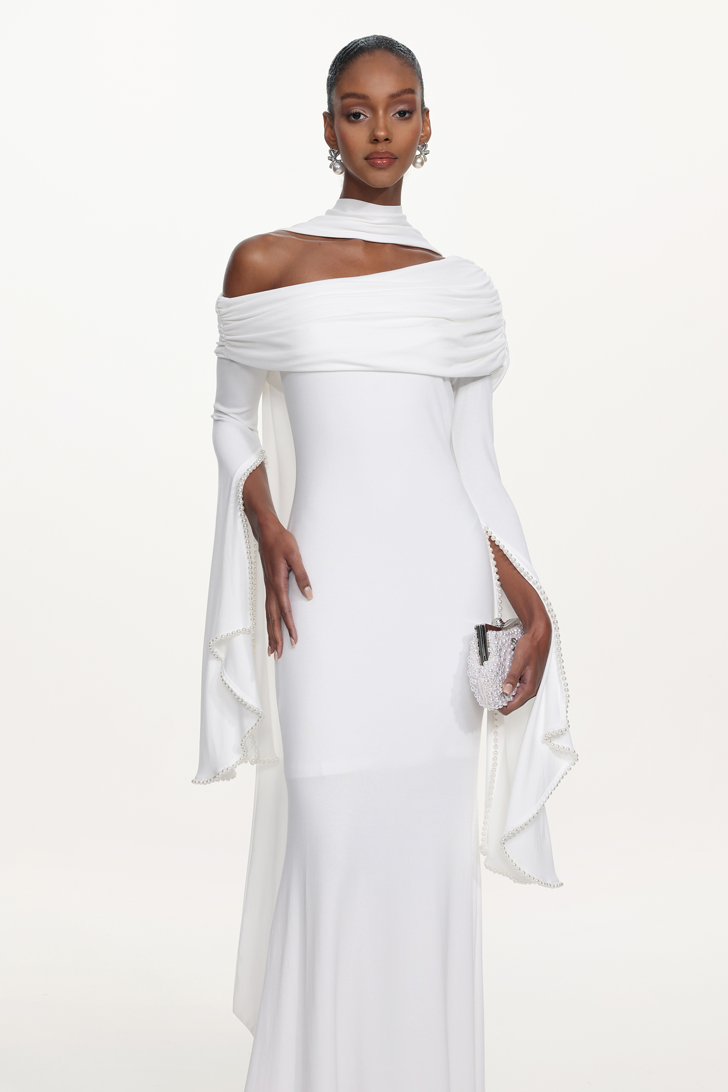 Timesha Chic Contour One Shoulder Pearl Ruched White Maxi Dress