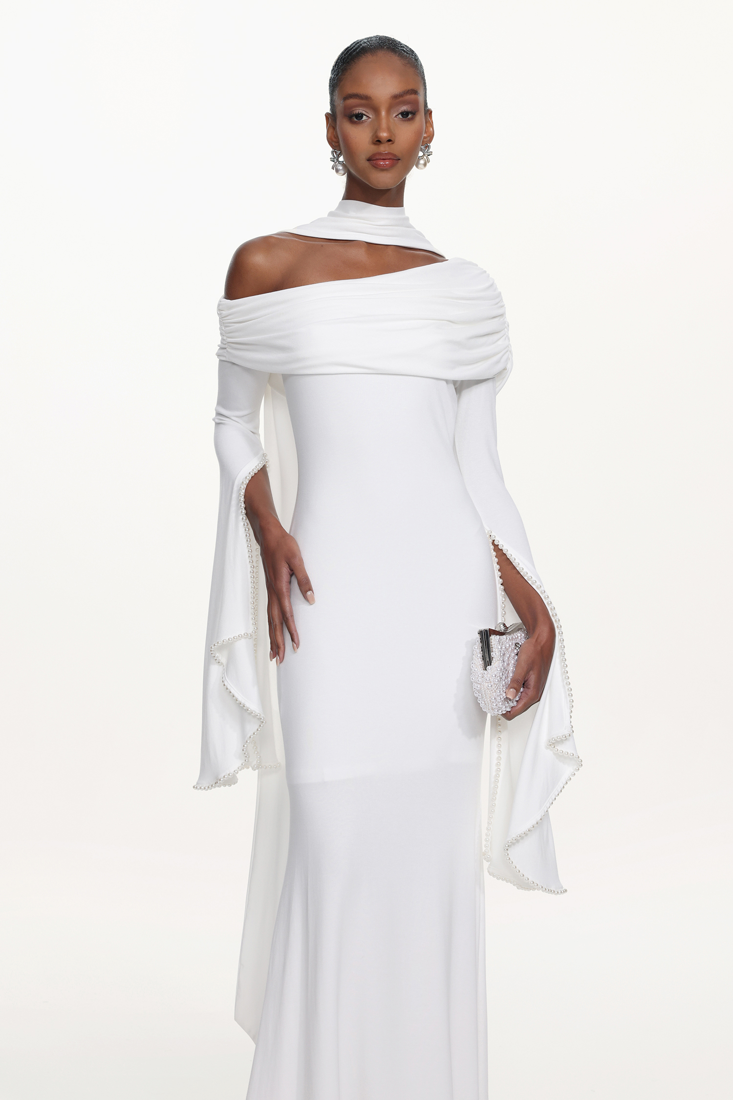 Timesha Chic Contour One Shoulder Pearl Ruched White Maxi Dress