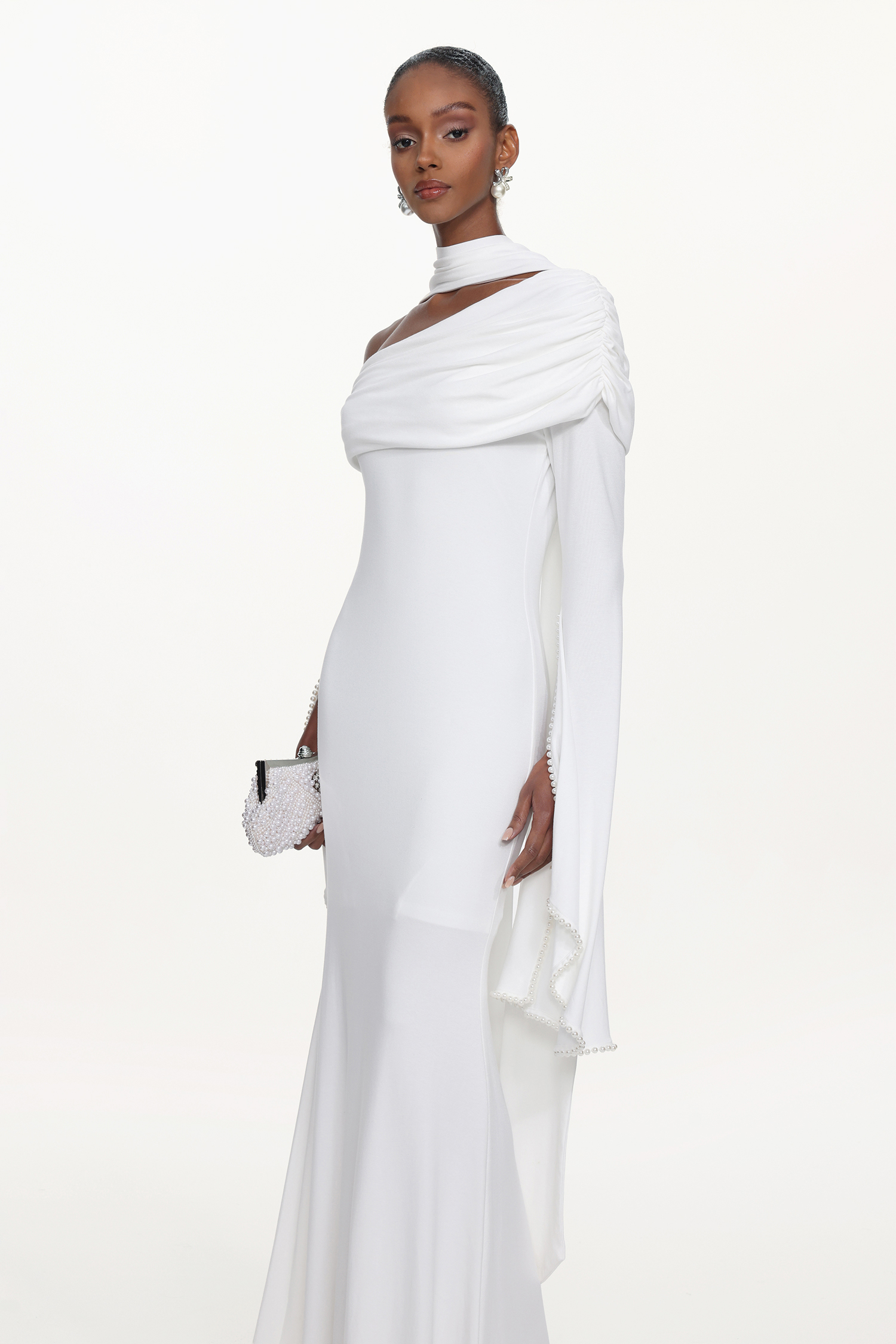 Timesha Chic Contour One Shoulder Pearl Ruched White Maxi Dress