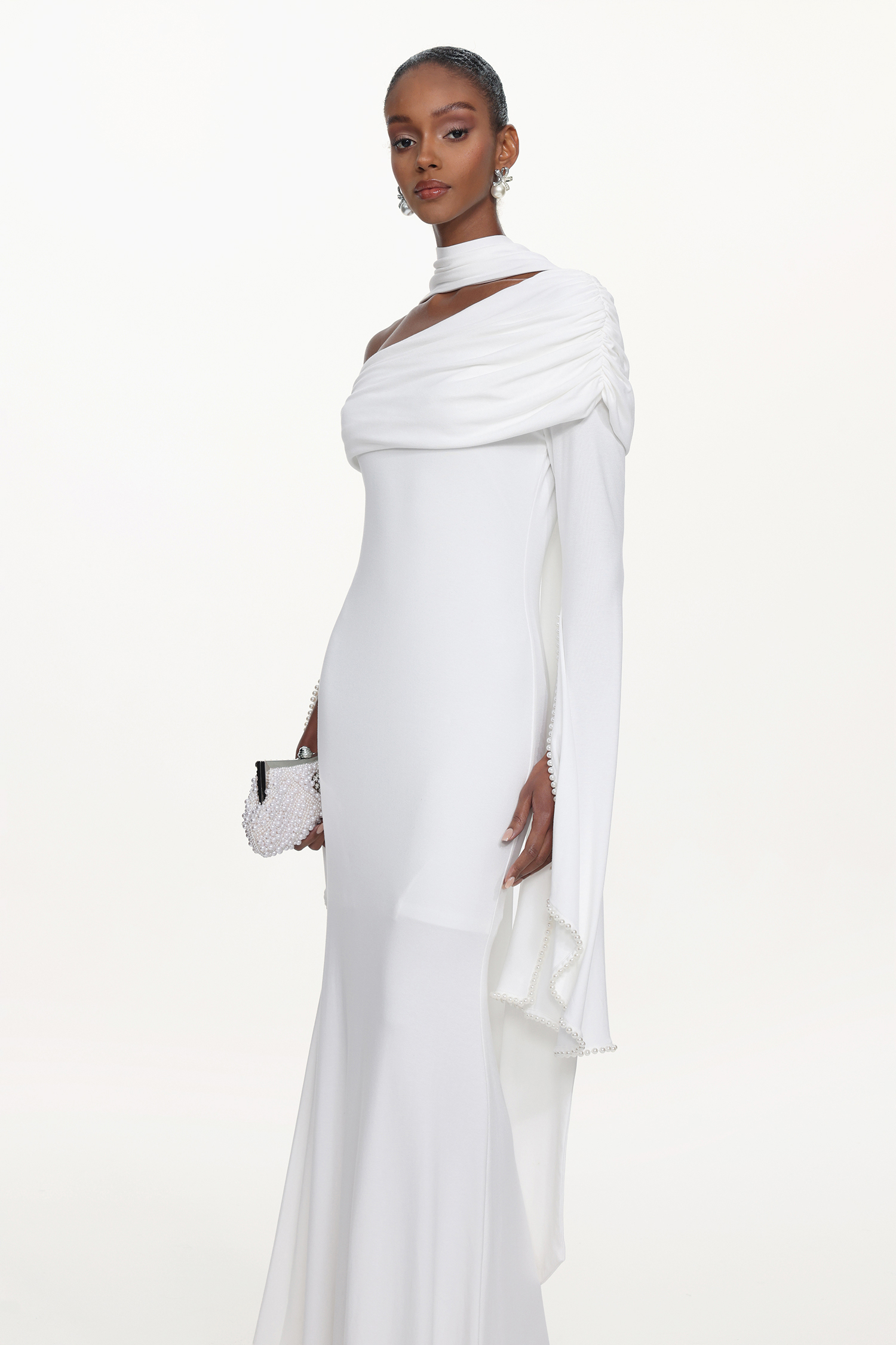 Timesha Chic Contour One Shoulder Pearl Ruched White Maxi Dress