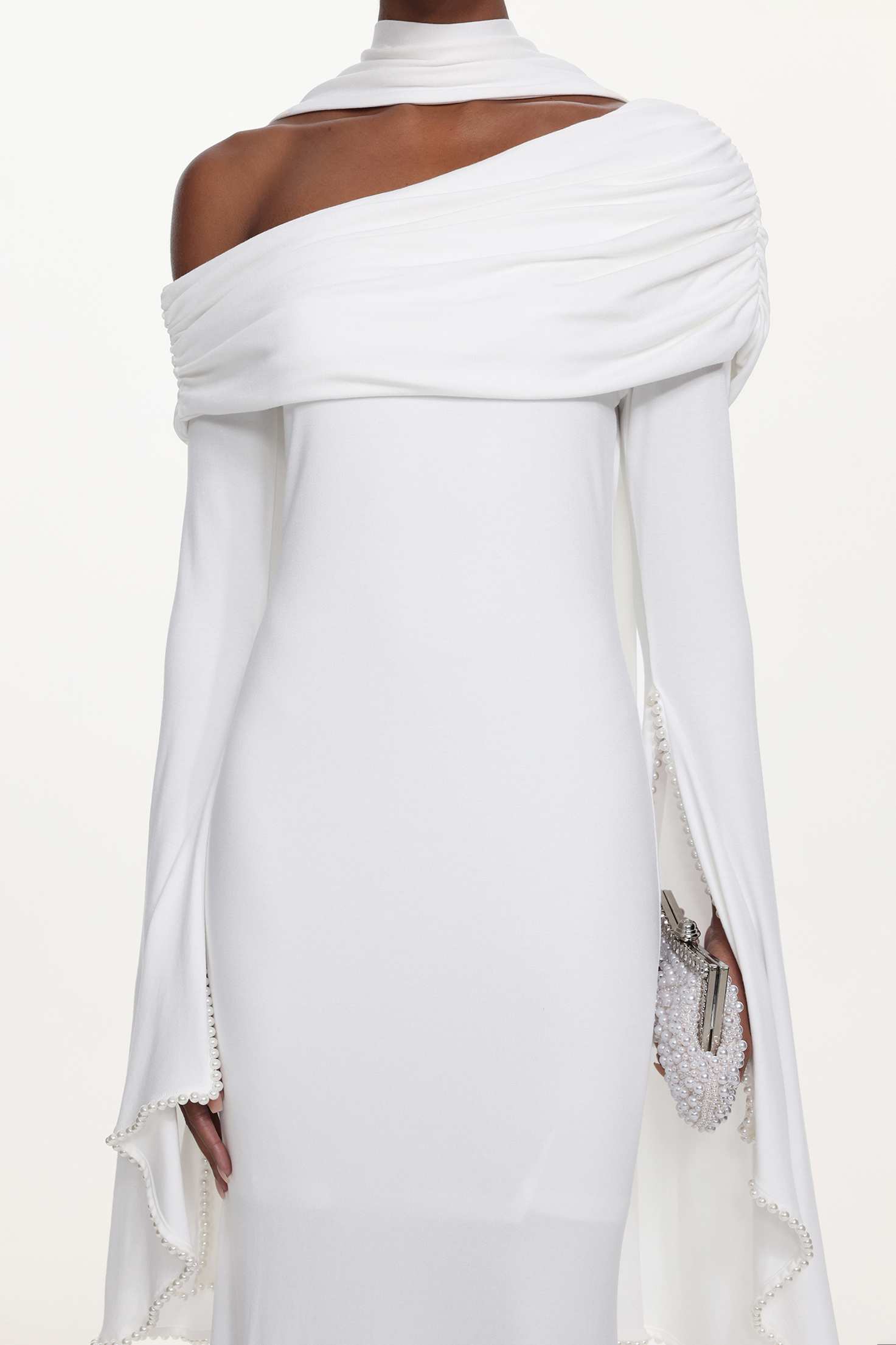 Timesha Chic Contour One Shoulder Pearl Ruched White Maxi Dress