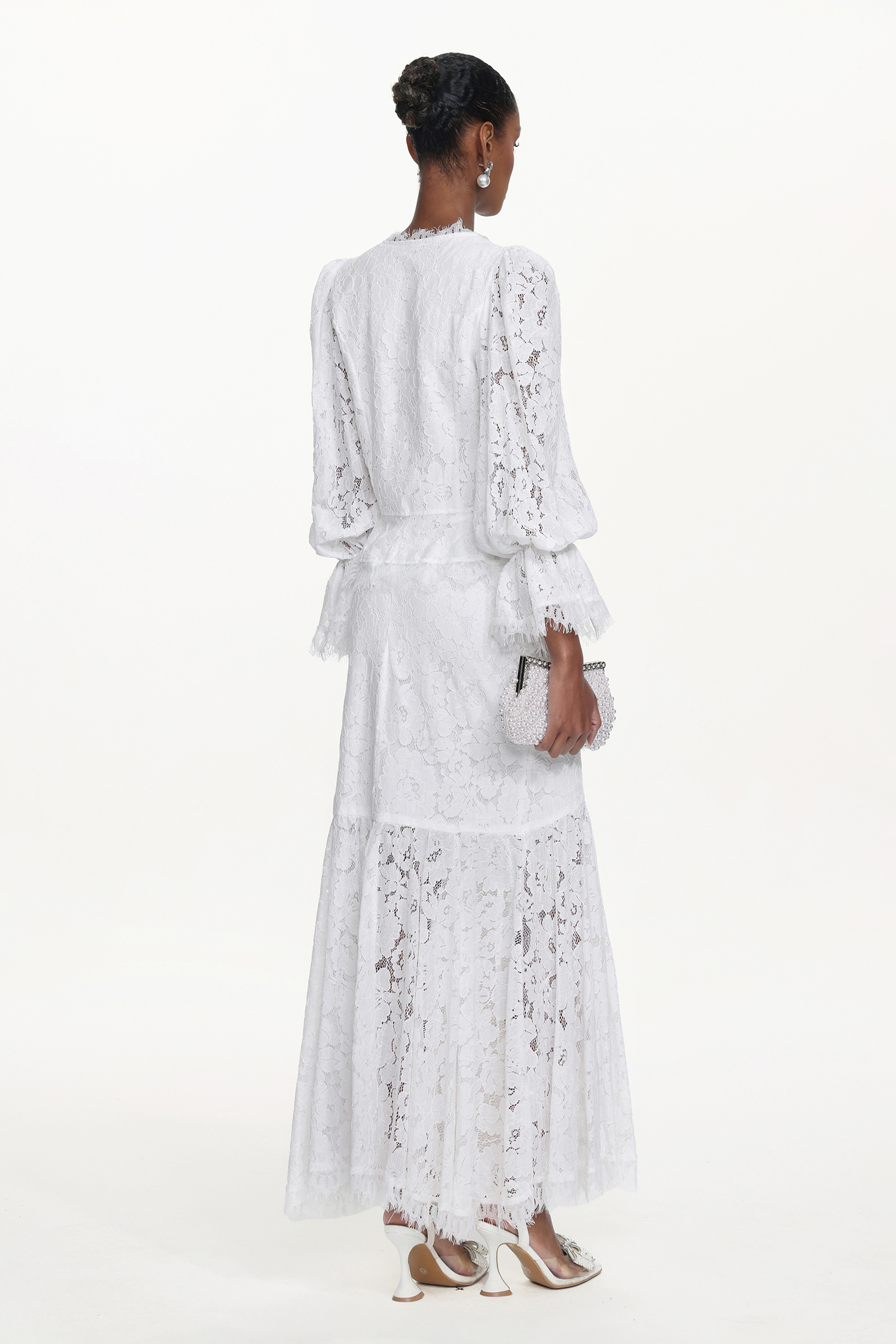 Tris Elegant Flowy Long Sleeve Pearl Buttoned Lace Top and Skirt Set