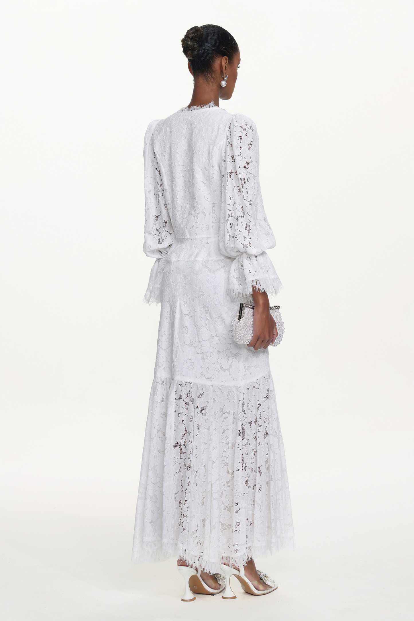 Tris Elegant Flowy Long Sleeve Pearl Buttoned Lace Top and Skirt Set