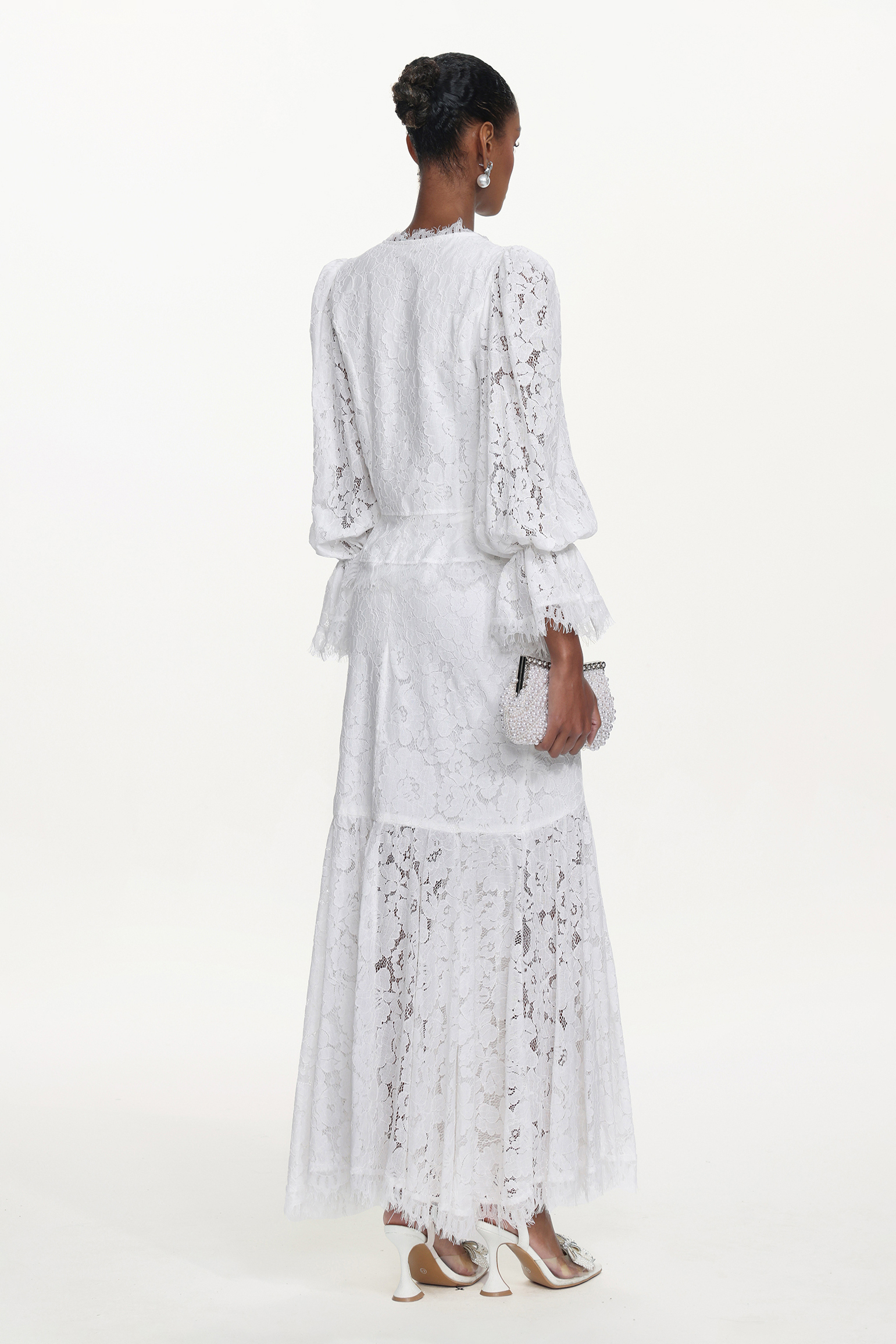 Tris Elegant Flowy Long Sleeve Pearl Buttoned Lace Top and Skirt Set