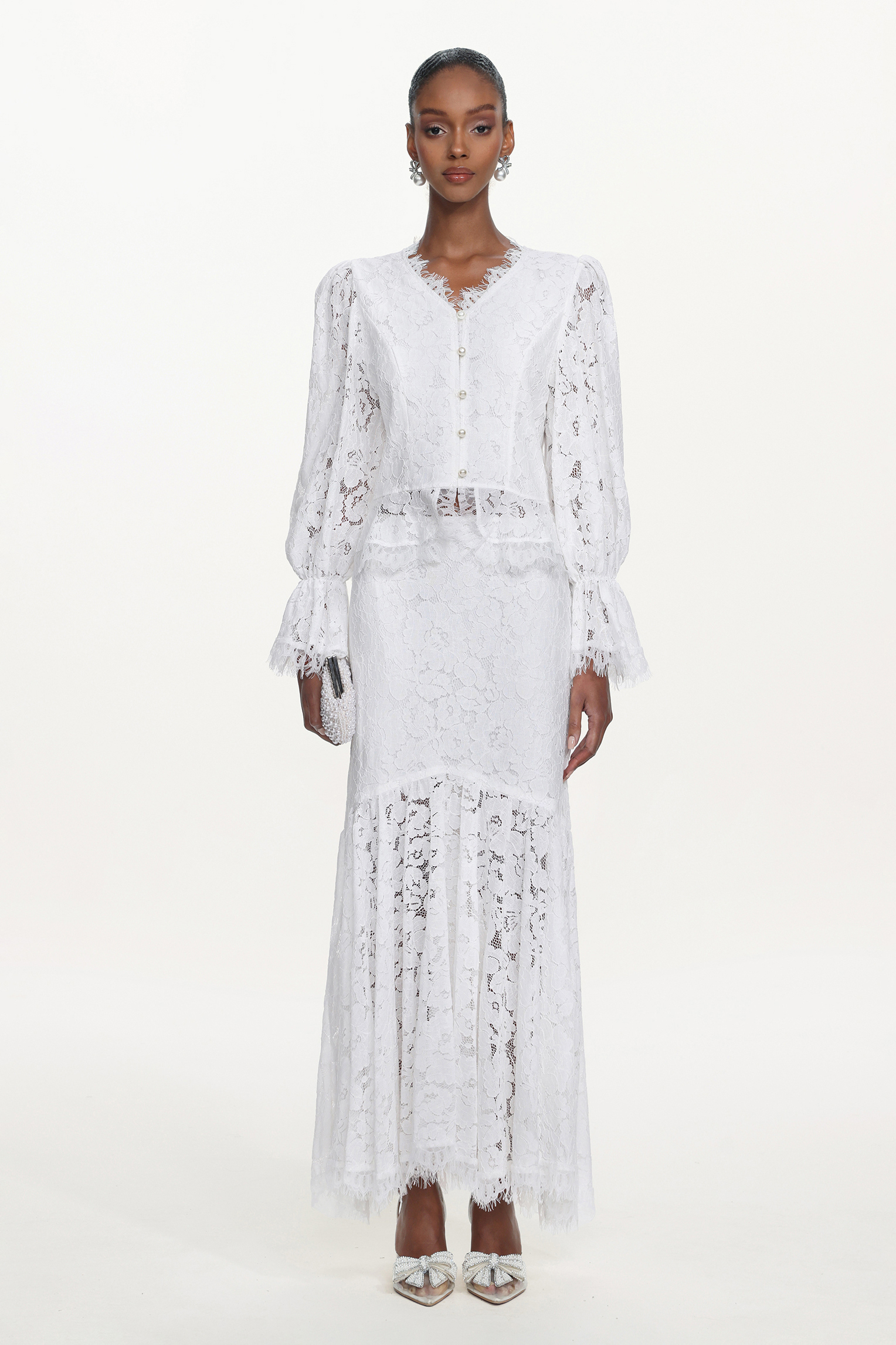 Tris Elegant Flowy Long Sleeve Pearl Buttoned Lace Top and Skirt Set