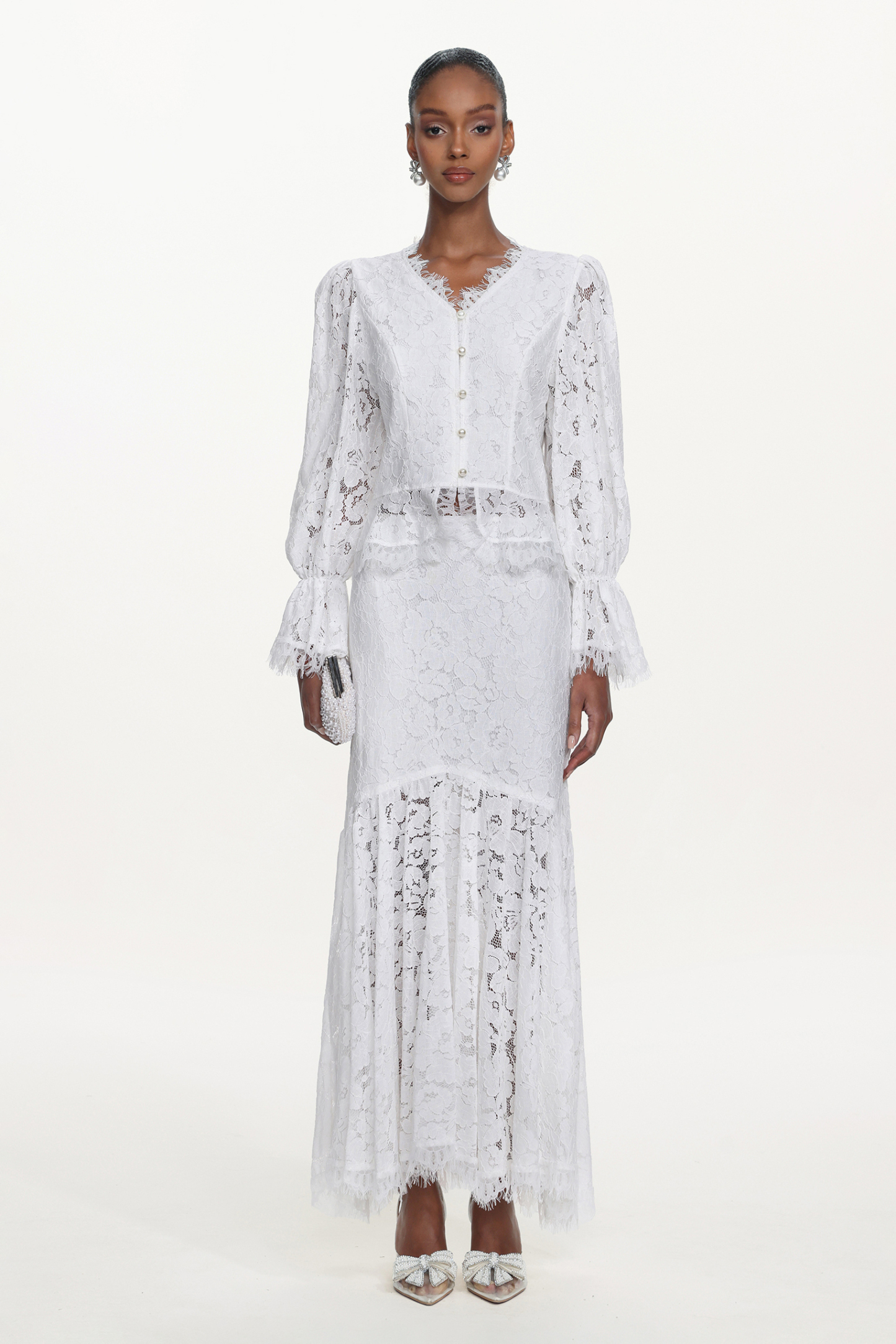 Tris Elegant Flowy Long Sleeve Pearl Buttoned Lace Top and Skirt Set