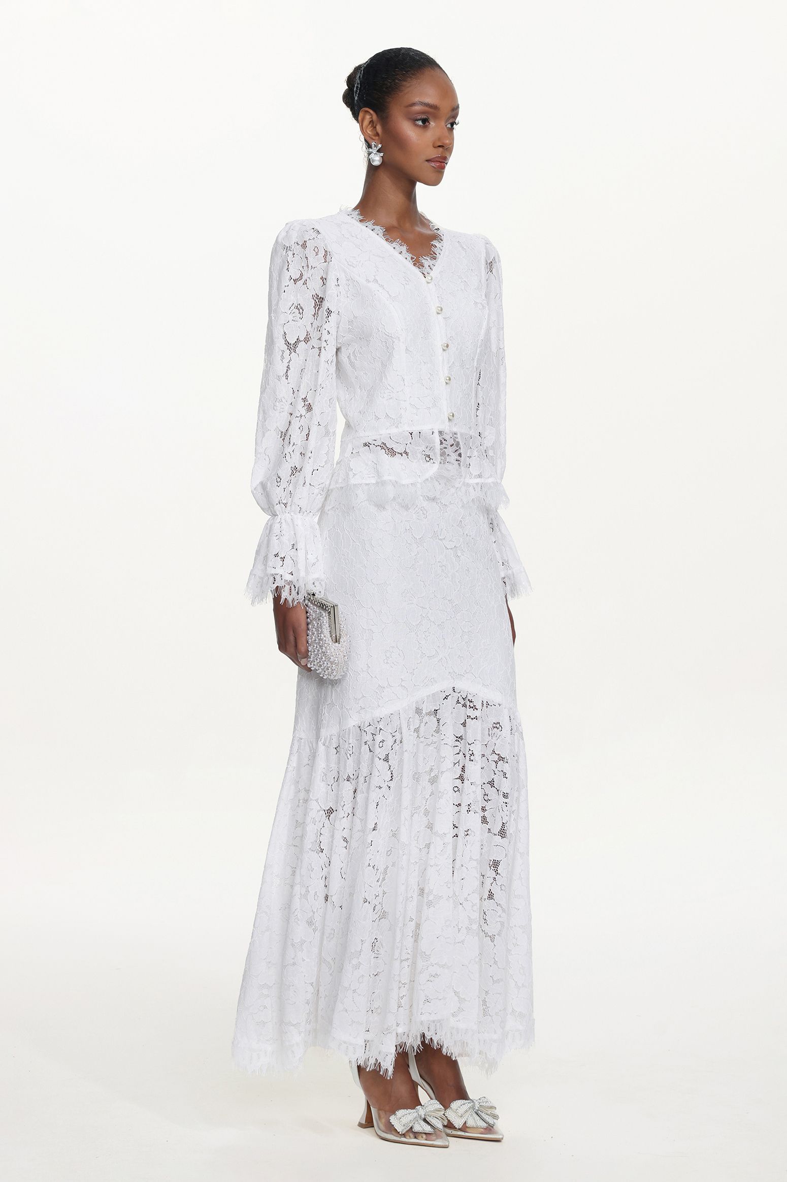 Tris Elegant Flowy Long Sleeve Pearl Buttoned Lace Top and Skirt Set