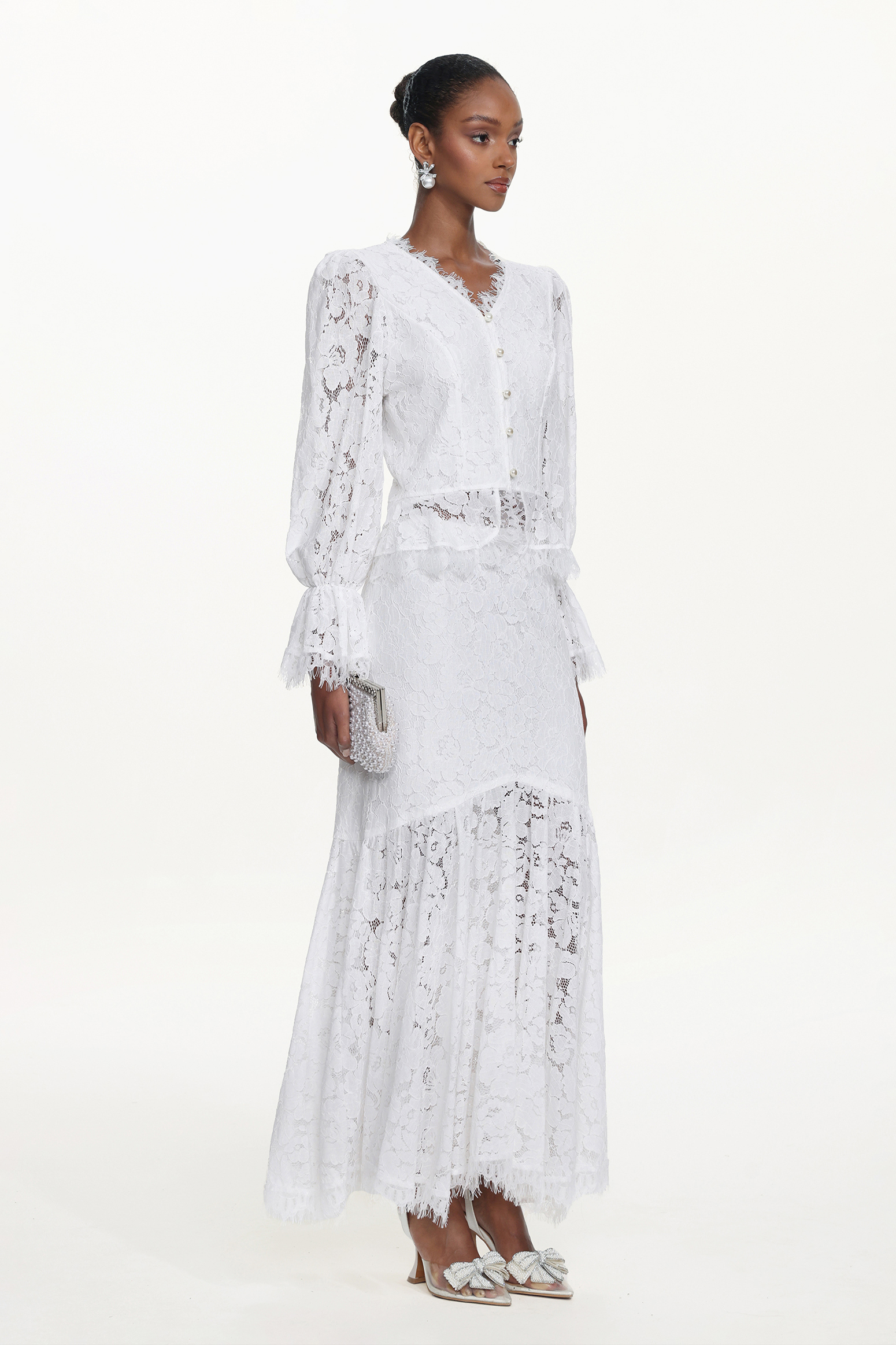 Tris Elegant Flowy Long Sleeve Pearl Buttoned Lace Top and Skirt Set