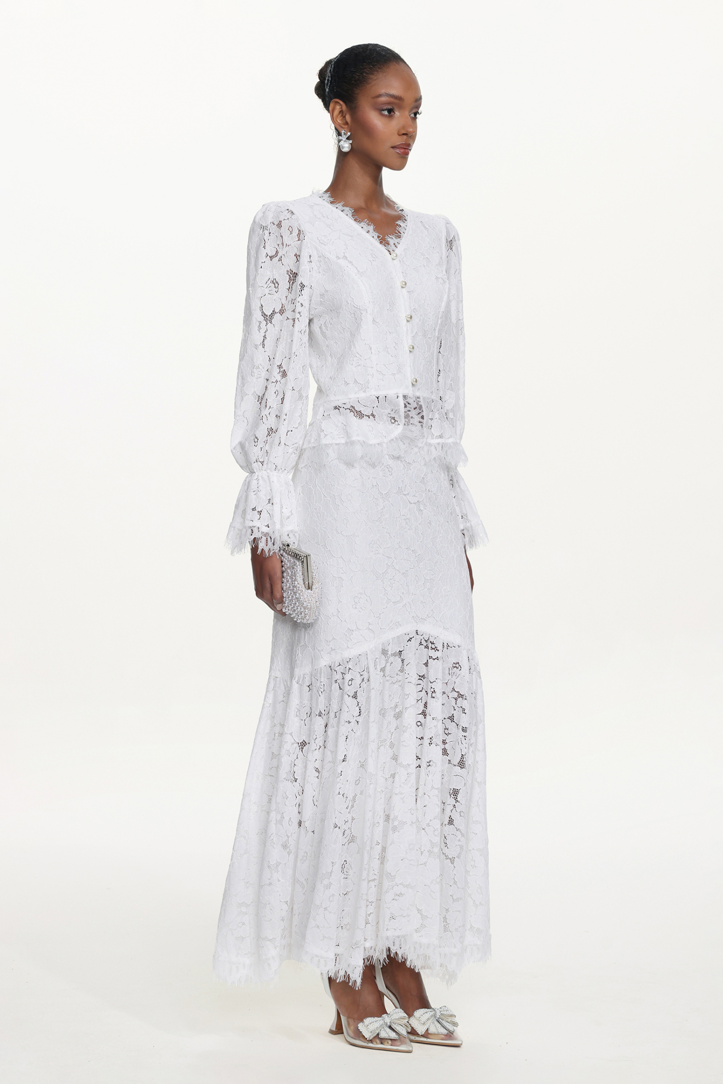 Tris Elegant Flowy Long Sleeve Pearl Buttoned Lace Top and Skirt Set