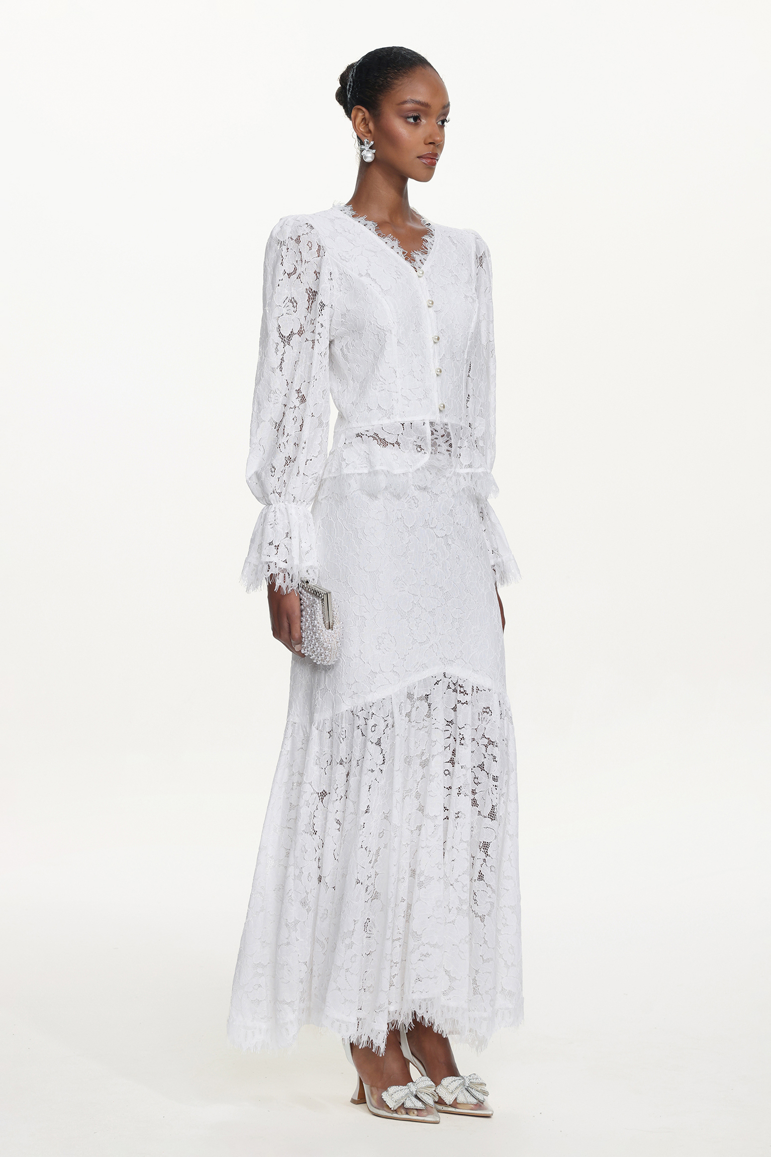 Tris Elegant Flowy Long Sleeve Pearl Buttoned Lace Top and Skirt Set