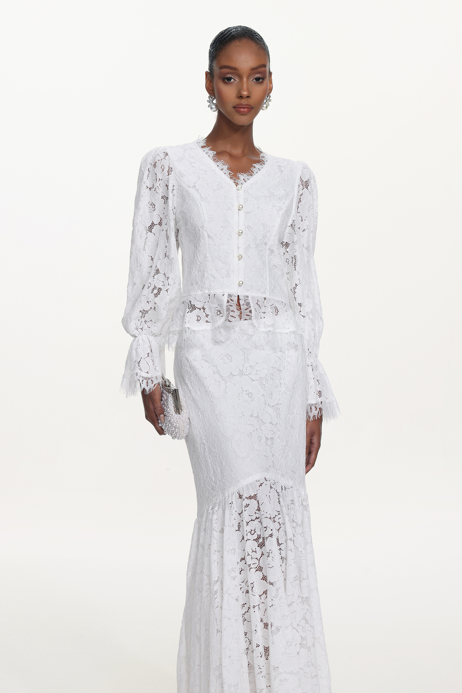 Tris Elegant Flowy Long Sleeve Pearl Buttoned Lace Top and Skirt Set