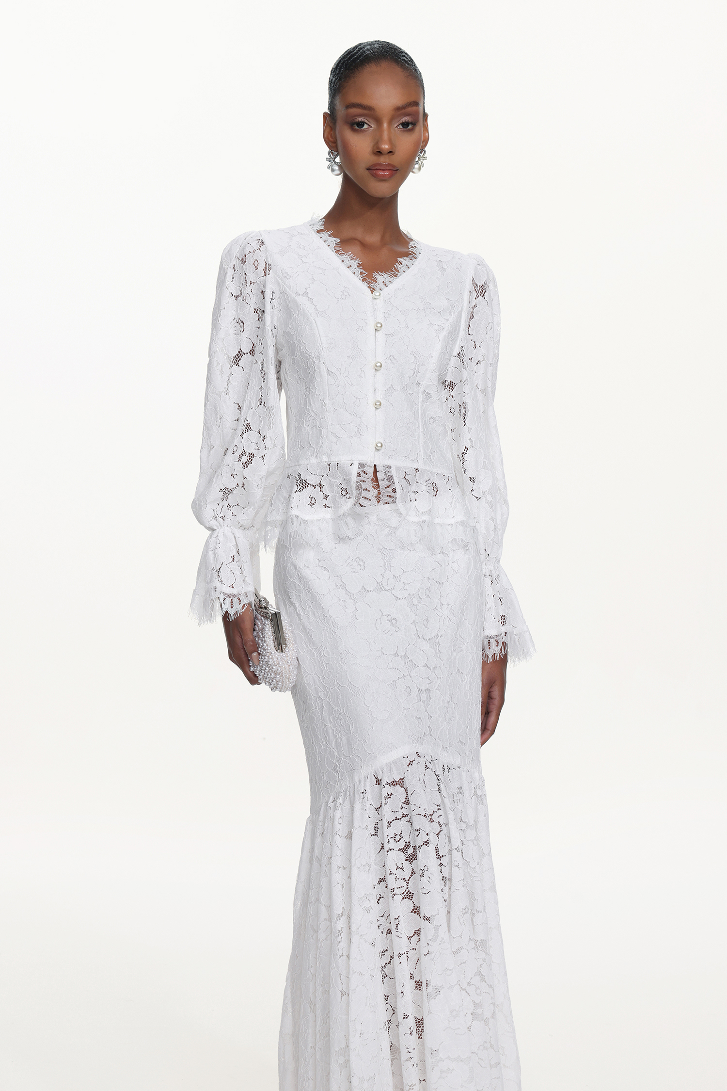 Tris Elegant Flowy Long Sleeve Pearl Buttoned Lace Top and Skirt Set