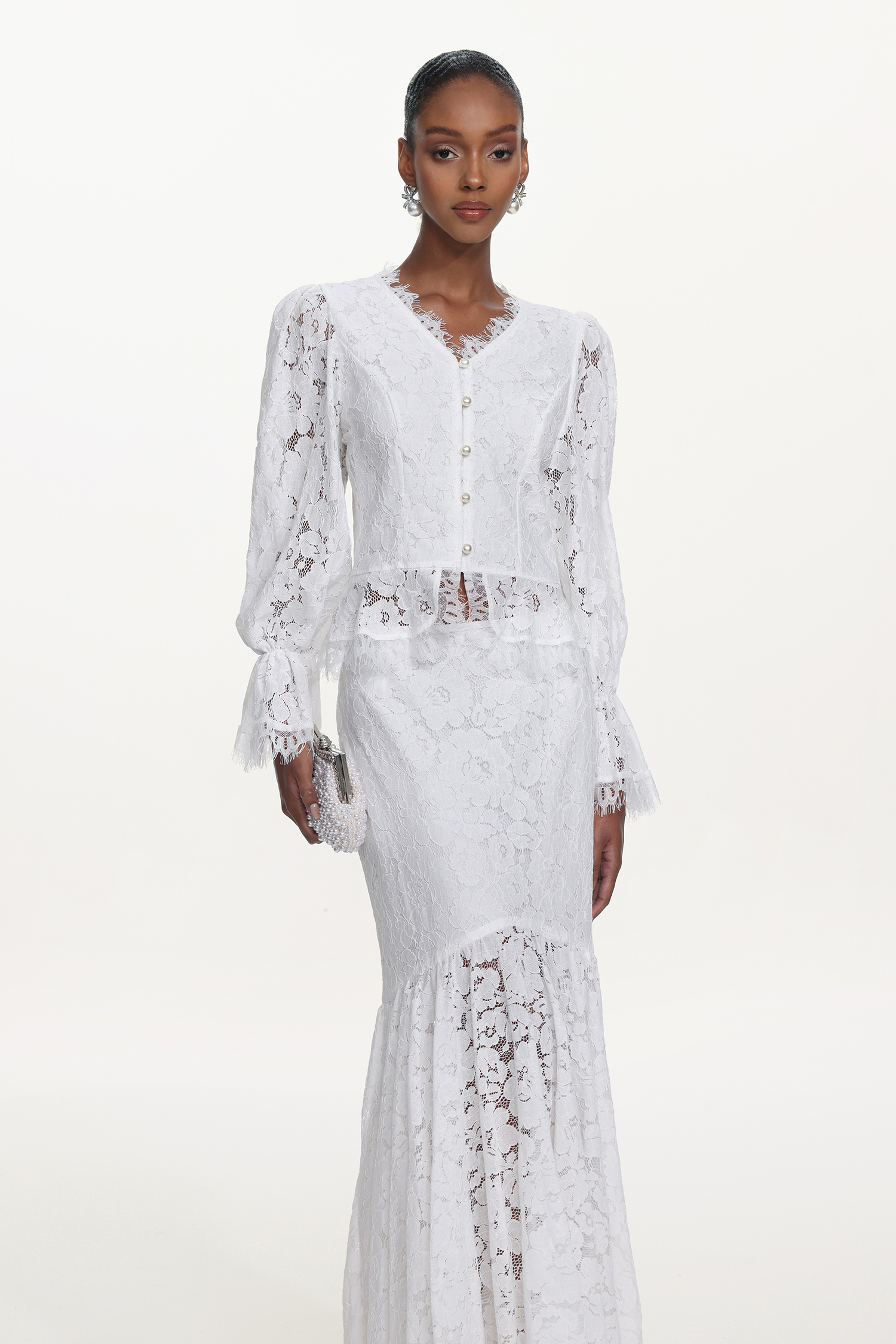 Tris Elegant Flowy Long Sleeve Pearl Buttoned Lace Top and Skirt Set