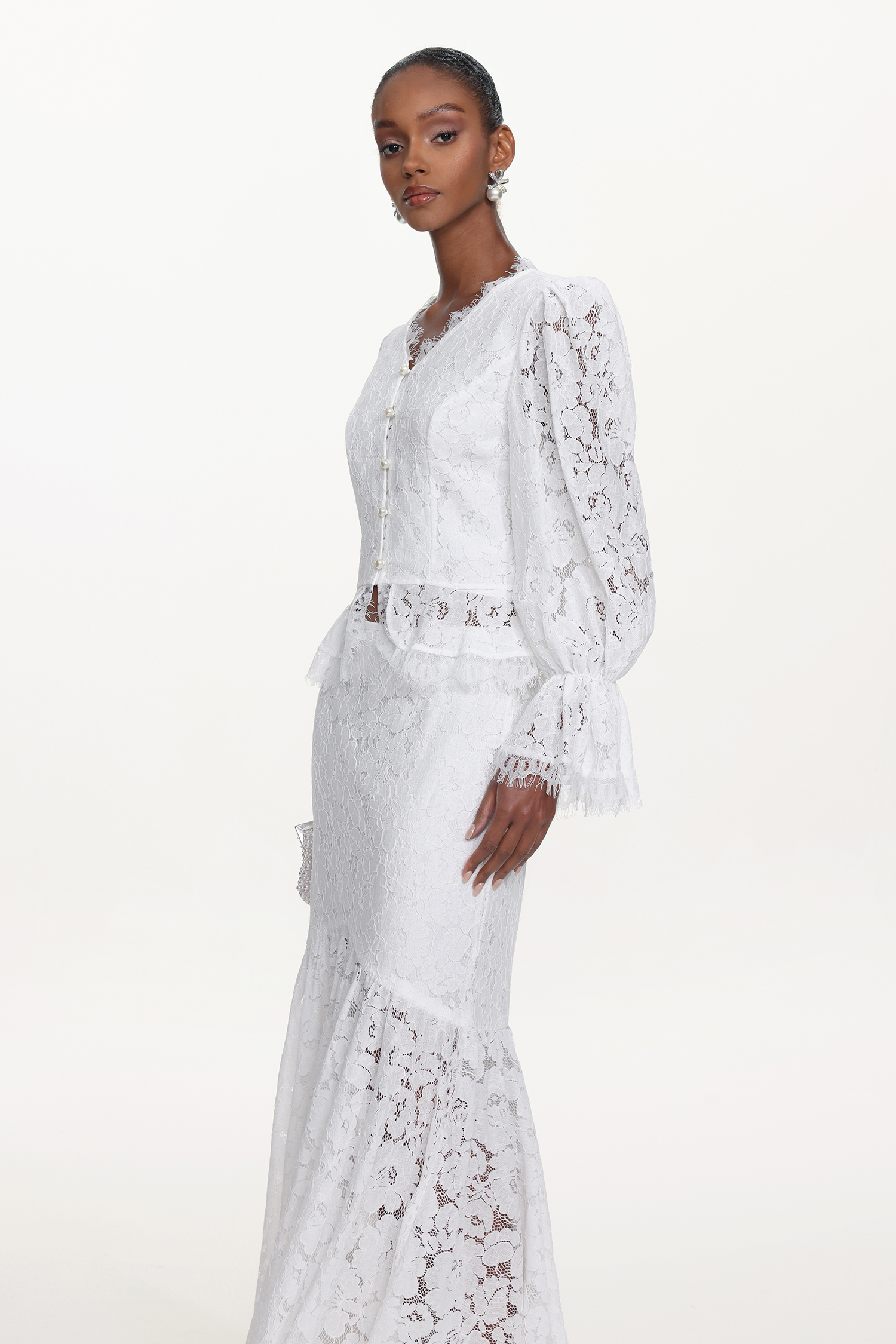 Tris Elegant Flowy Long Sleeve Pearl Buttoned Lace Top and Skirt Set