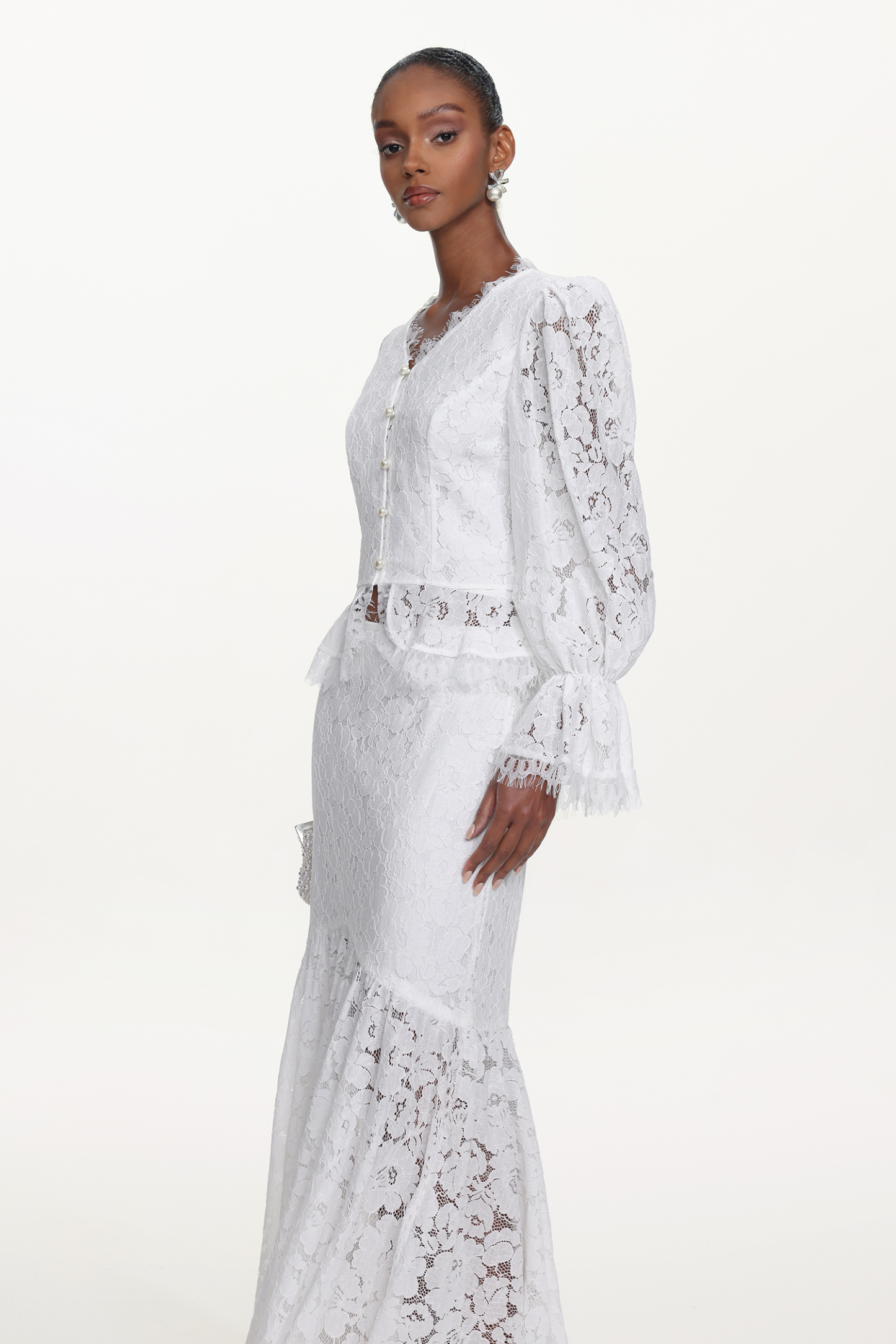 Tris Elegant Flowy Long Sleeve Pearl Buttoned Lace Top and Skirt Set