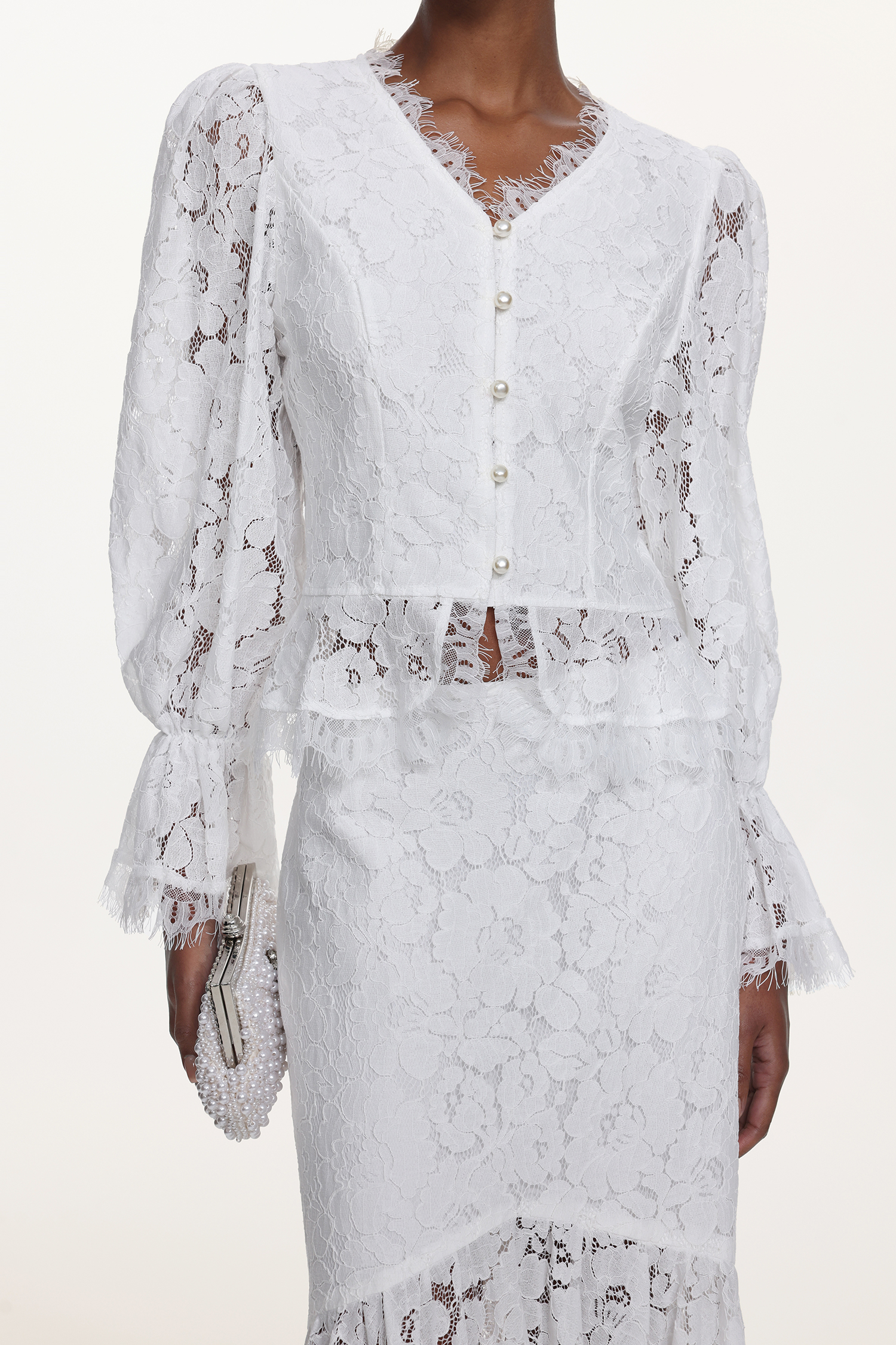 Tris Elegant Flowy Long Sleeve Pearl Buttoned Lace Top and Skirt Set