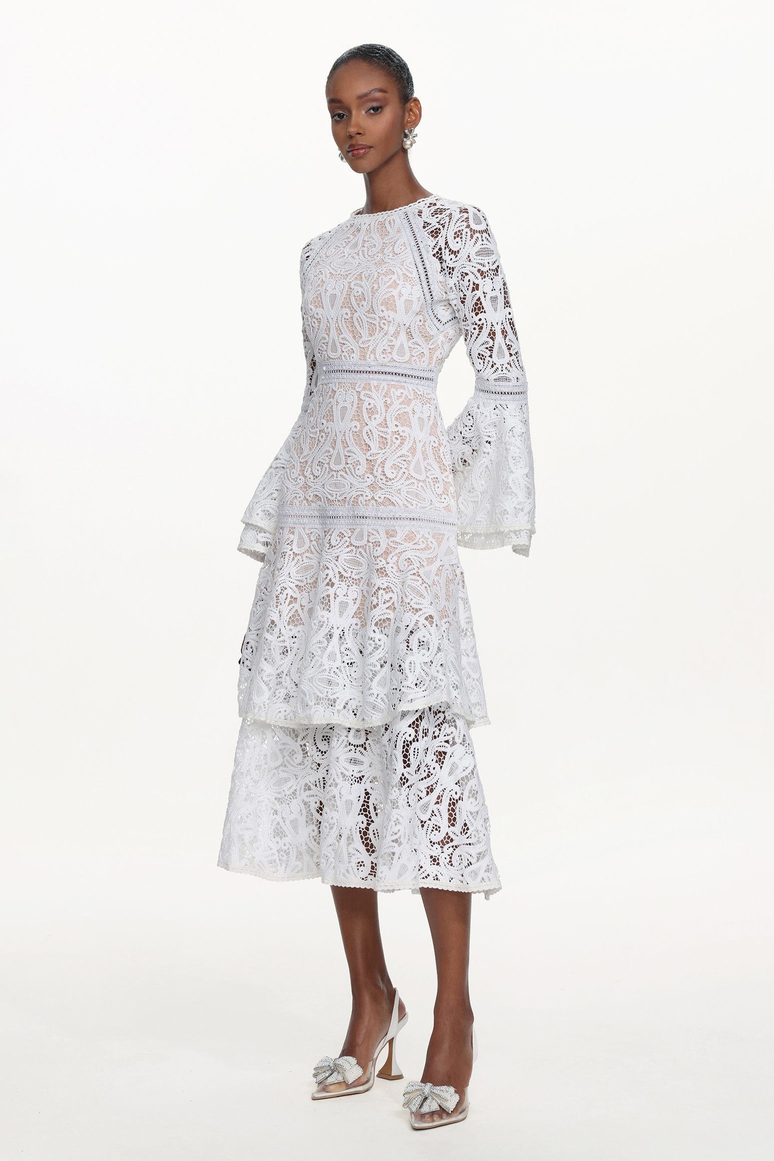 Kosala Elegant Flowy Long Sleeve Lace Maxi Dress