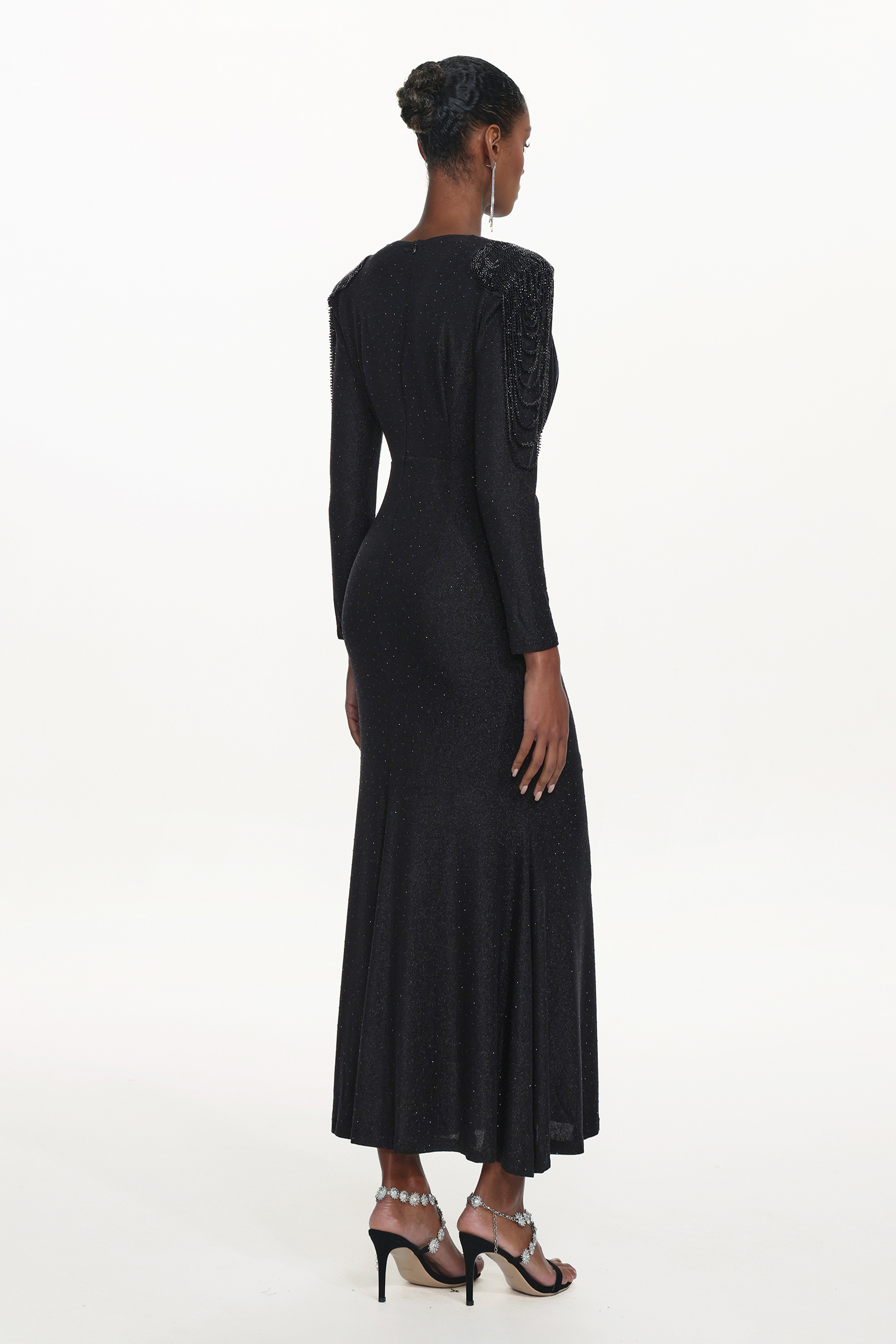 Suri Elegant Contour V Neck Long Sleeve Beaded Fringe Ruched Knit