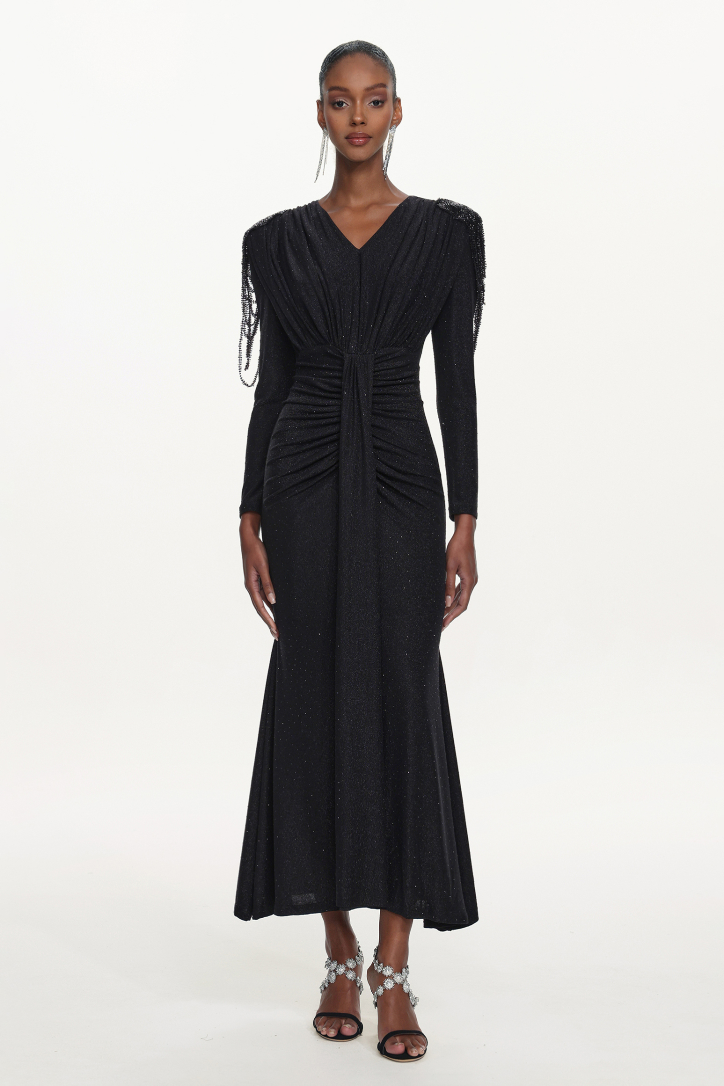 Suri Elegant Contour V Neck Long Sleeve Beaded Fringe Ruched Knit Maxi Dress