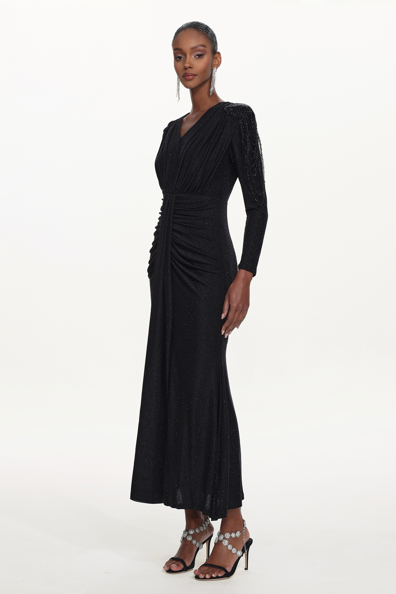 Suri Elegant Contour V Neck Long Sleeve Beaded Fringe Ruched Knit Maxi Dress