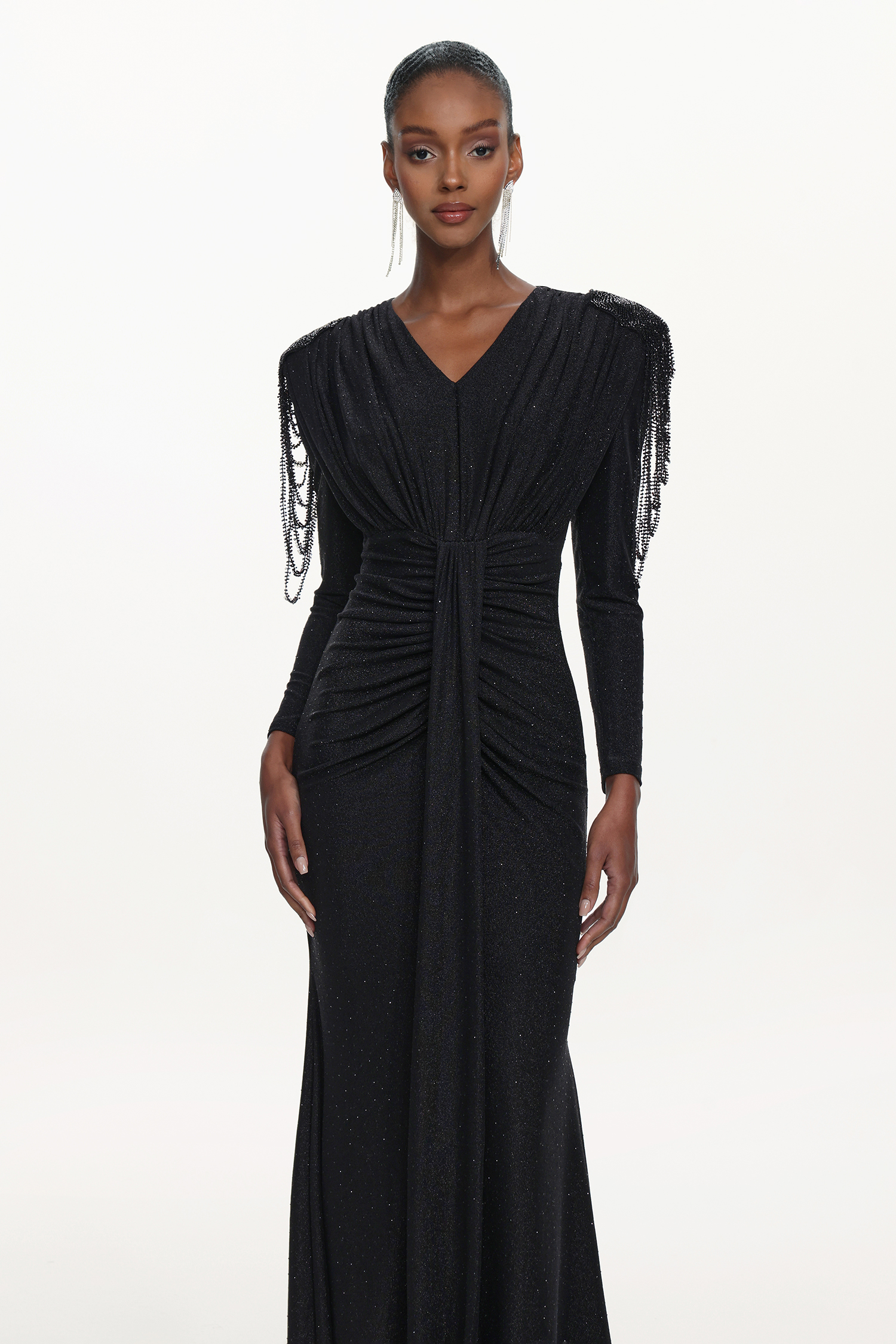 Suri Elegant Contour V Neck Long Sleeve Beaded Fringe Ruched Knit Maxi Dress