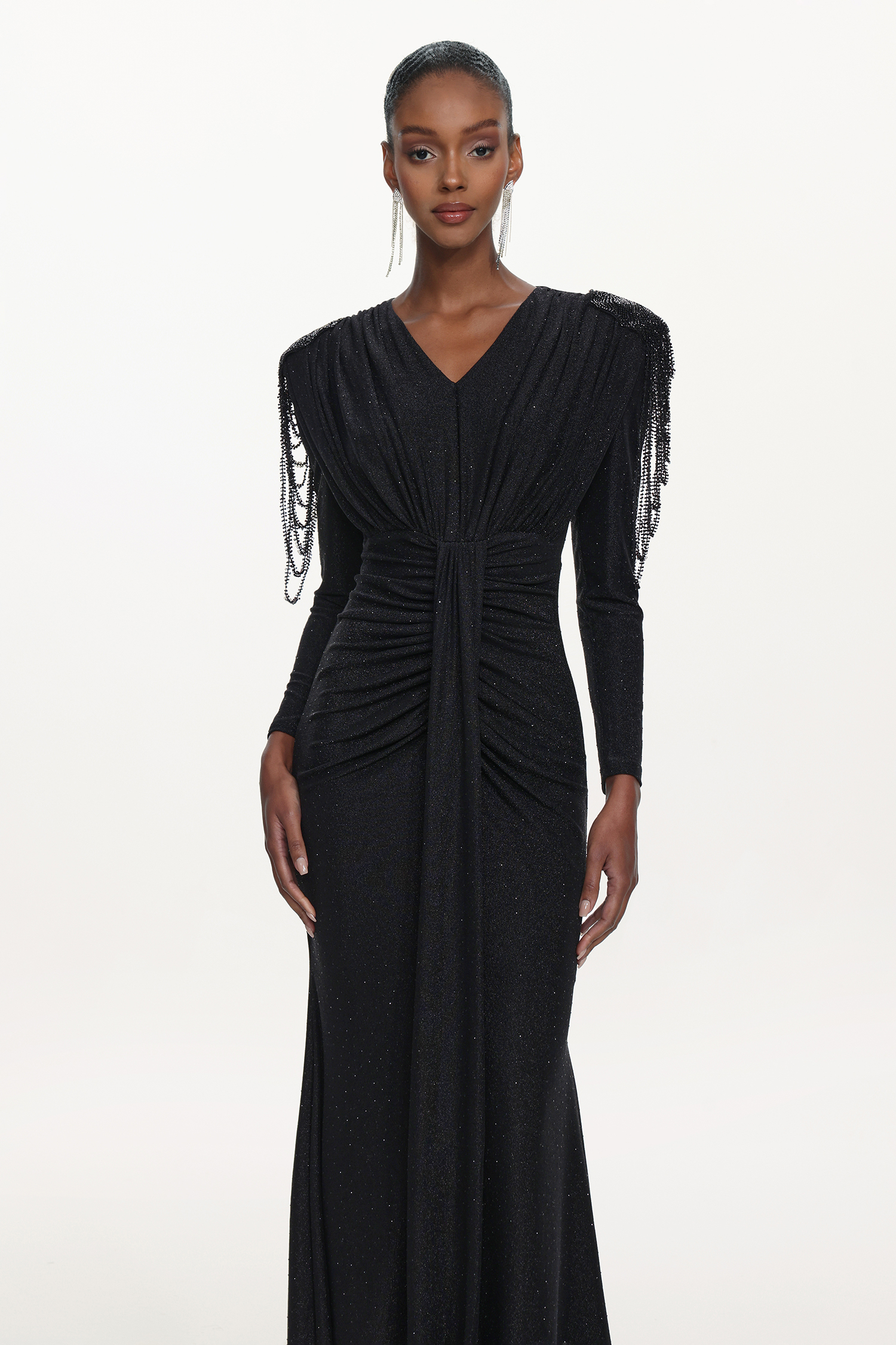 Suri Elegant Contour V Neck Long Sleeve Beaded Fringe Ruched Knit Maxi Dress
