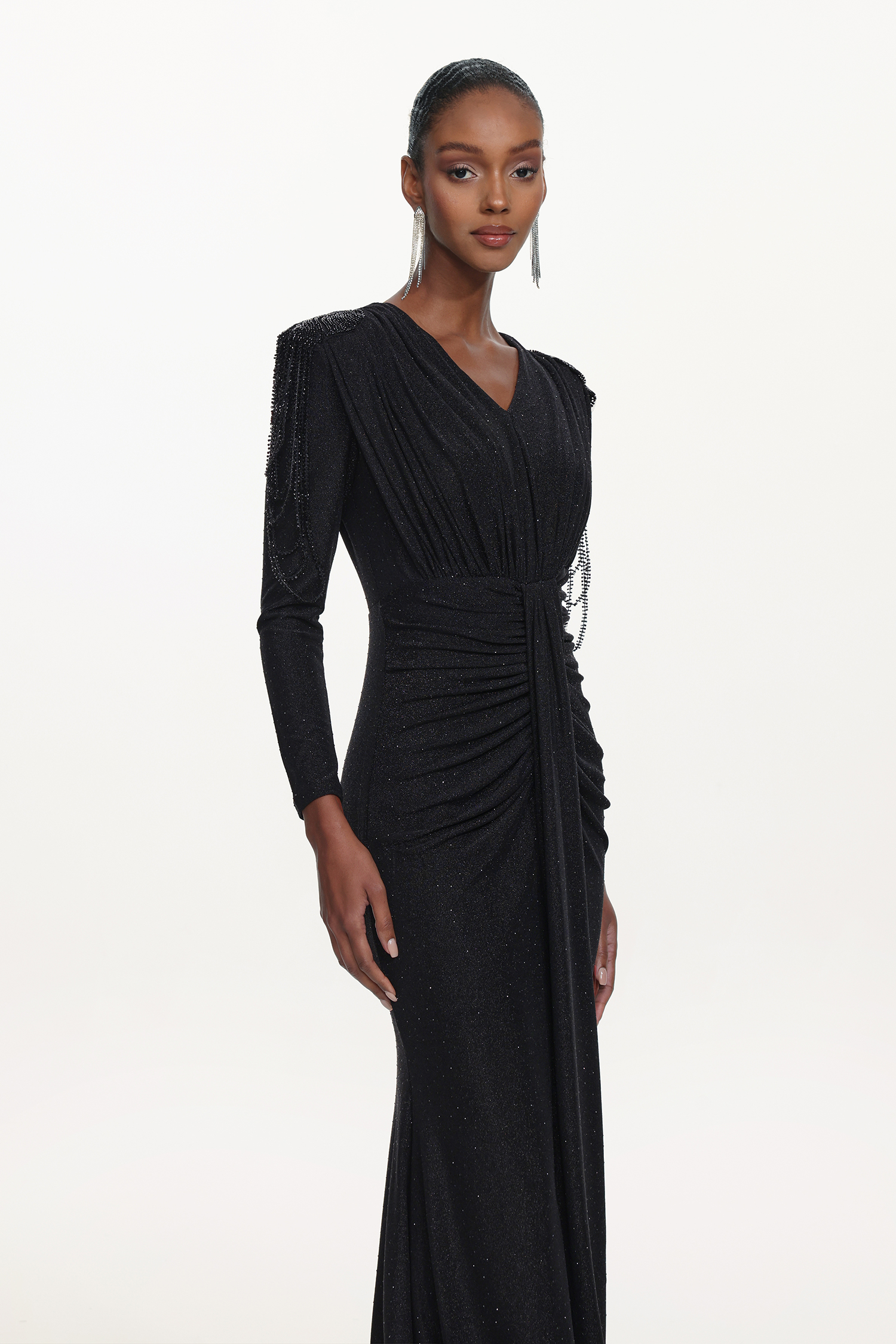 Suri Elegant Contour V Neck Long Sleeve Beaded Fringe Ruched Knit Maxi Dress