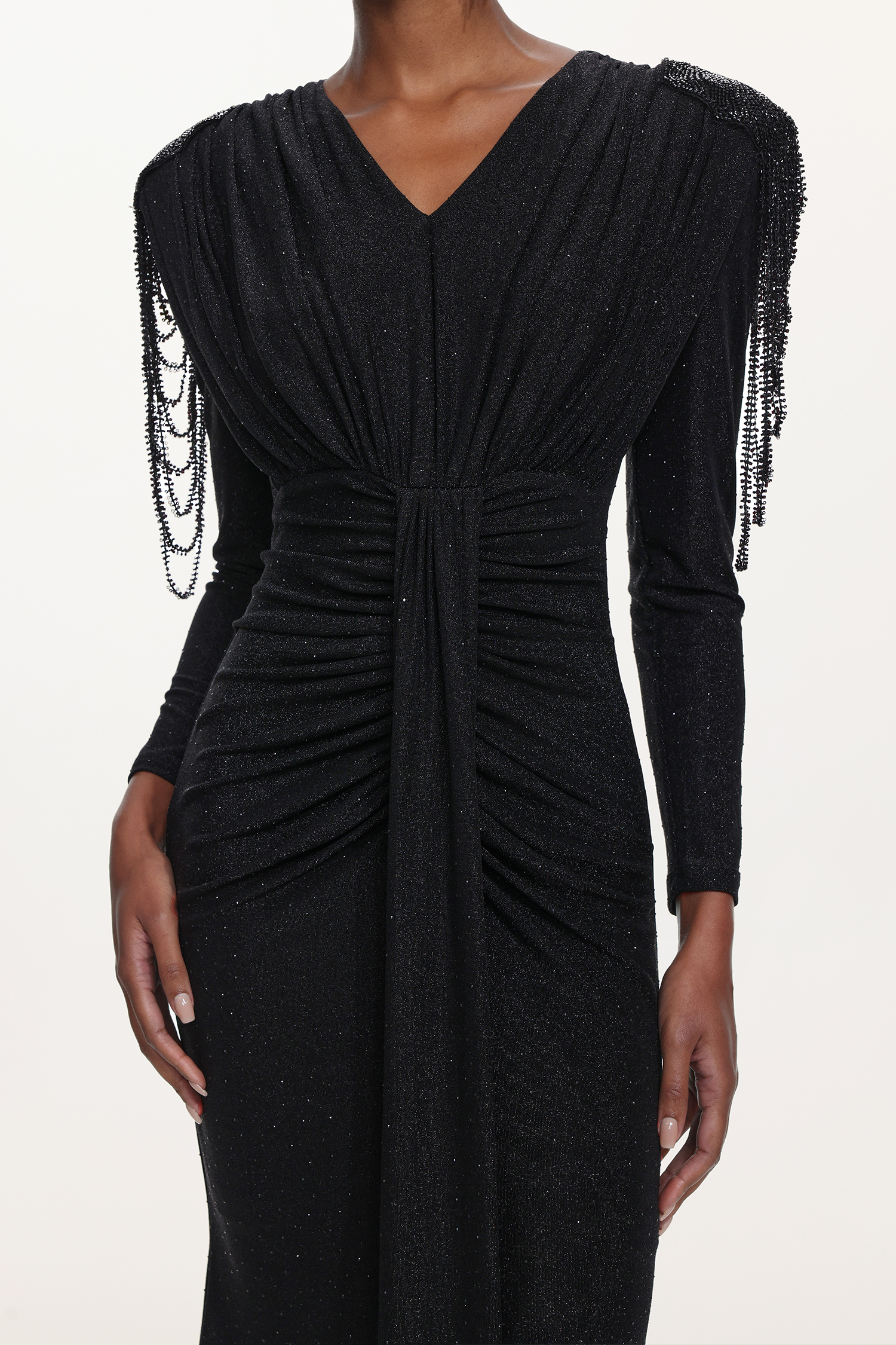 Suri Elegant Contour V Neck Long Sleeve Beaded Fringe Ruched Knit Maxi Dress