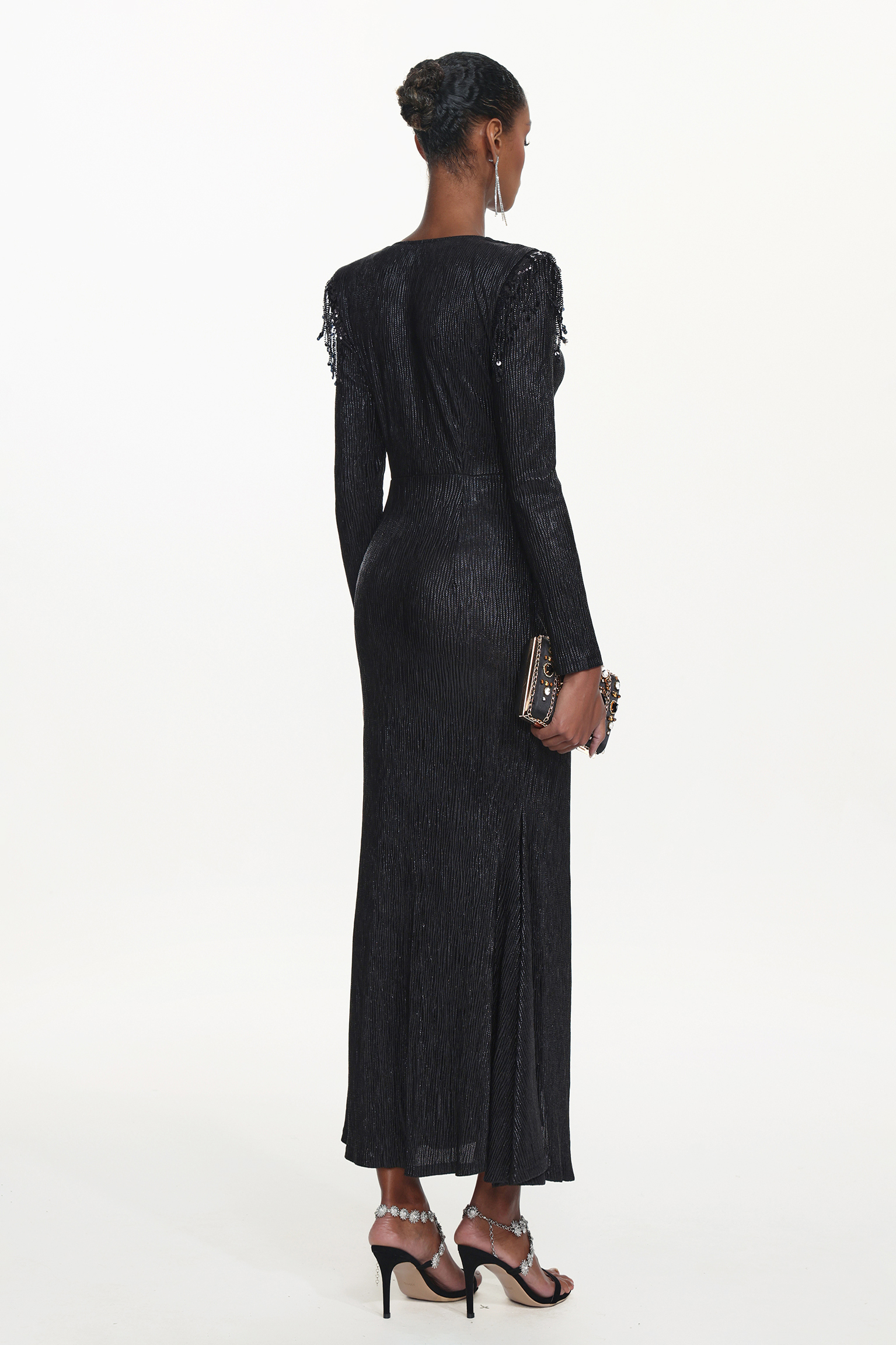 Rayna Chic Contour V Neck Long Sleeve Ruched Beaded Fringe Maxi Dress