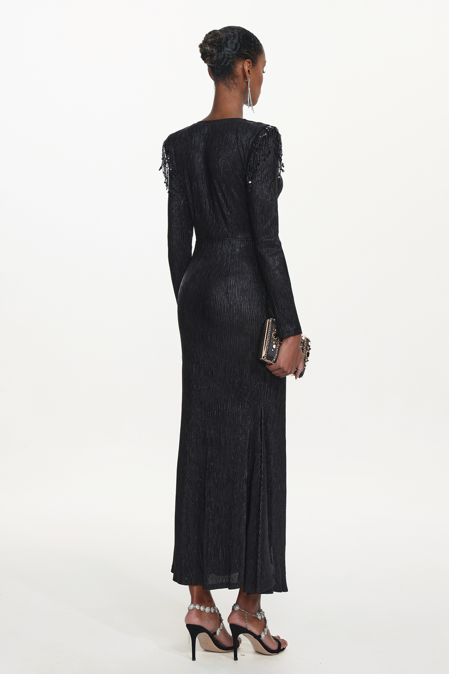 Rayna Chic Contour V Neck Long Sleeve Ruched Beaded Fringe Maxi