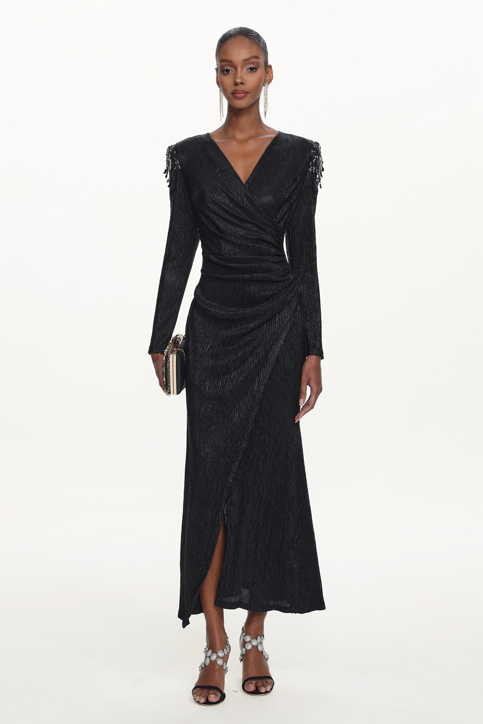 Rayna Chic Contour V Neck Long Sleeve Ruched Beaded Fringe Maxi Dress