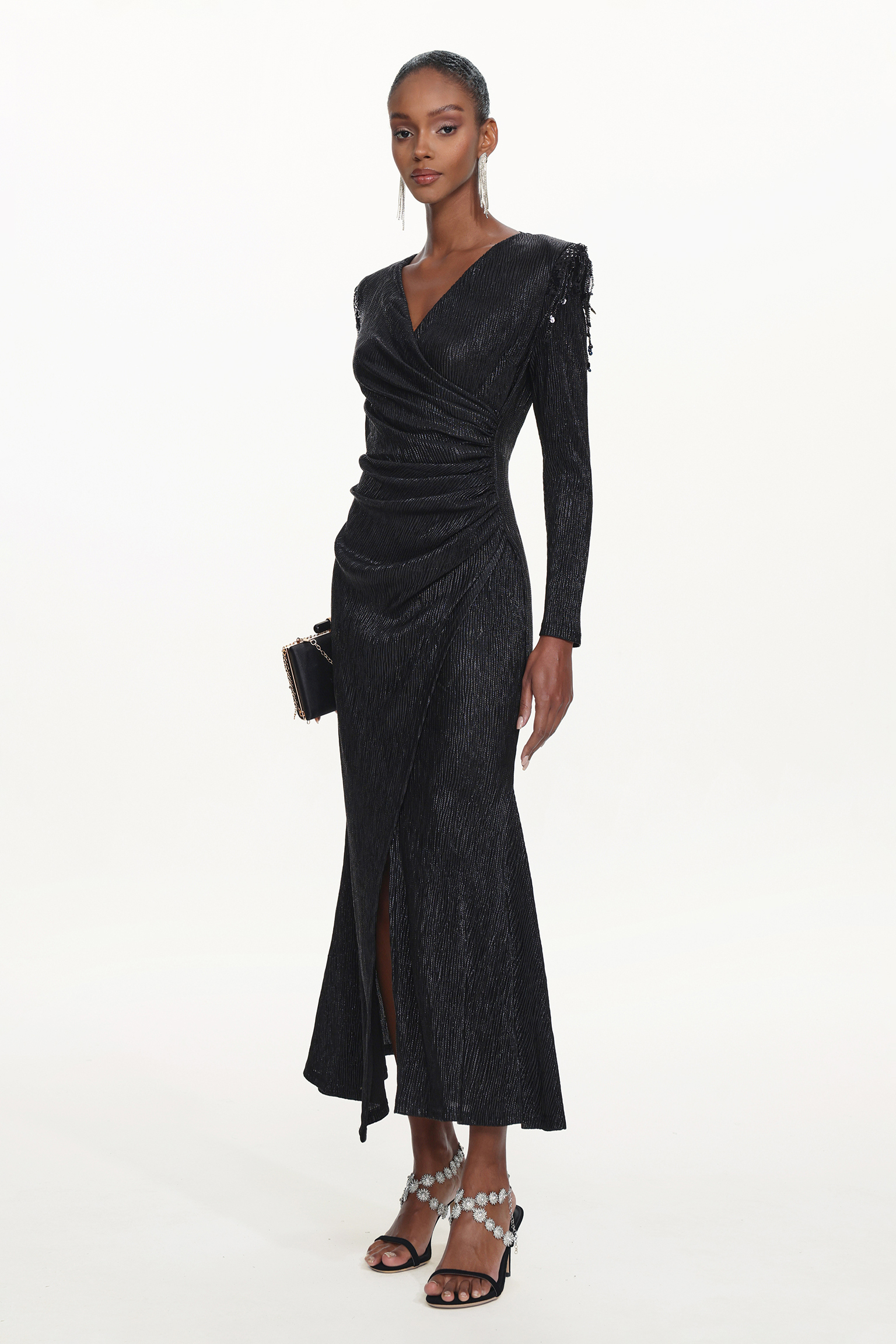 Rayna Chic Contour V Neck Long Sleeve Ruched Beaded Fringe Maxi Dress