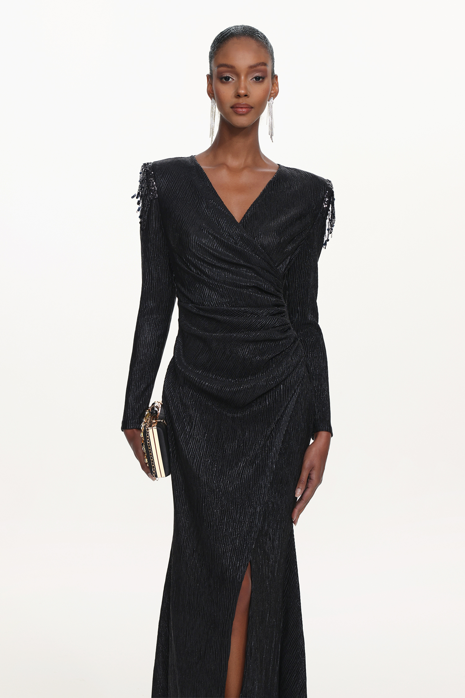 Rayna Chic Contour V Neck Long Sleeve Ruched Beaded Fringe Maxi Dress