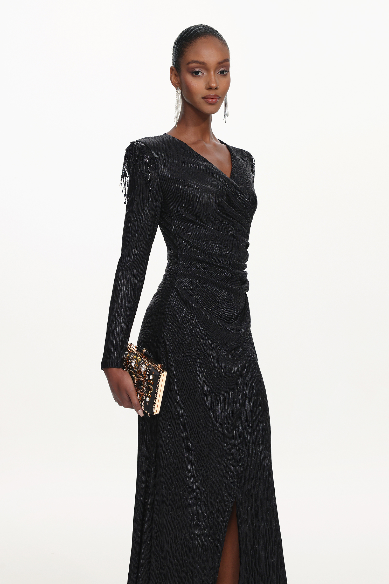 Rayna Chic Contour V Neck Long Sleeve Ruched Beaded Fringe Maxi Dress