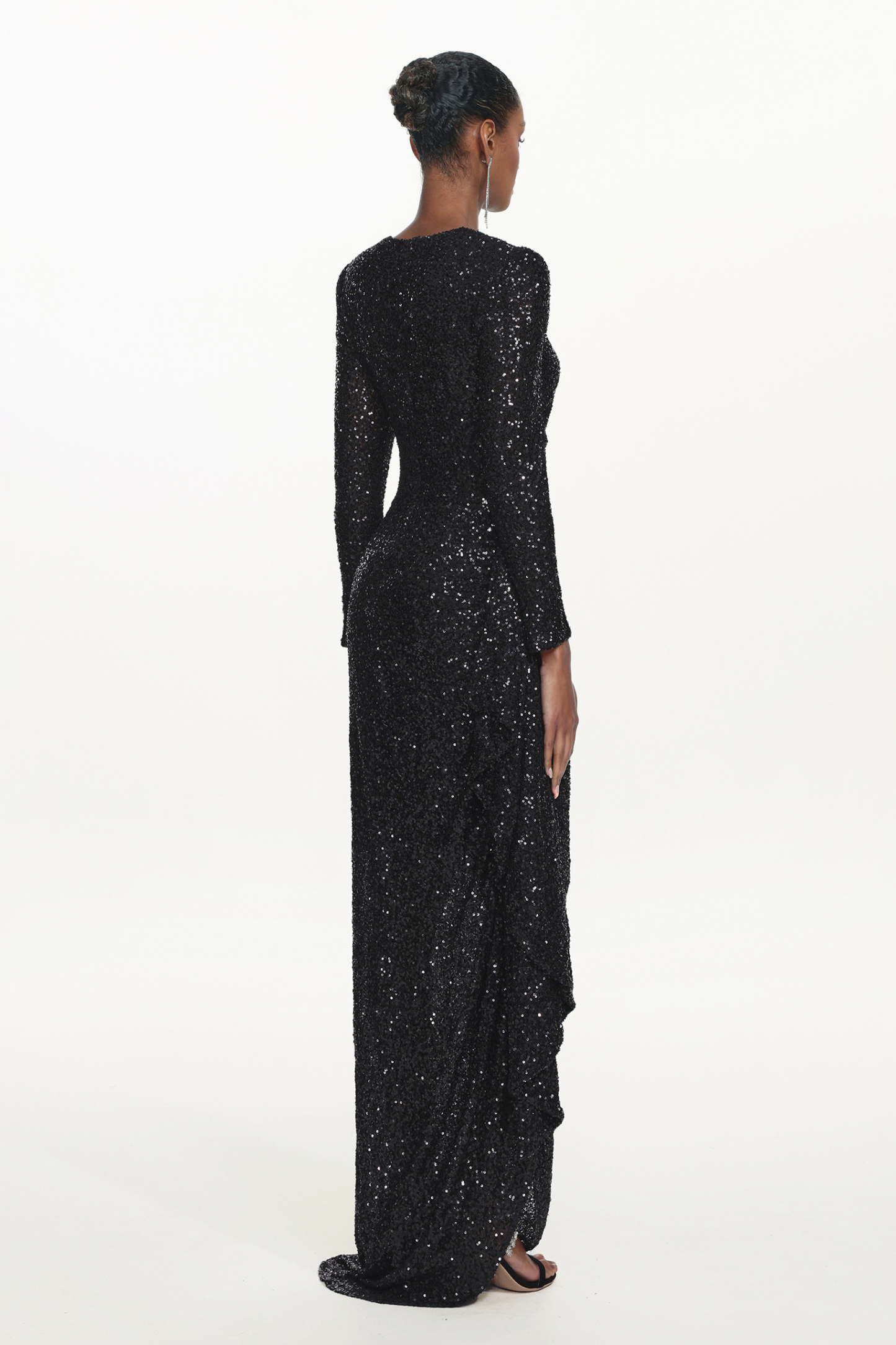 Salamo Glamorous Contour Square Neck Long Sleeve Ruched Sequin Maxi Dress