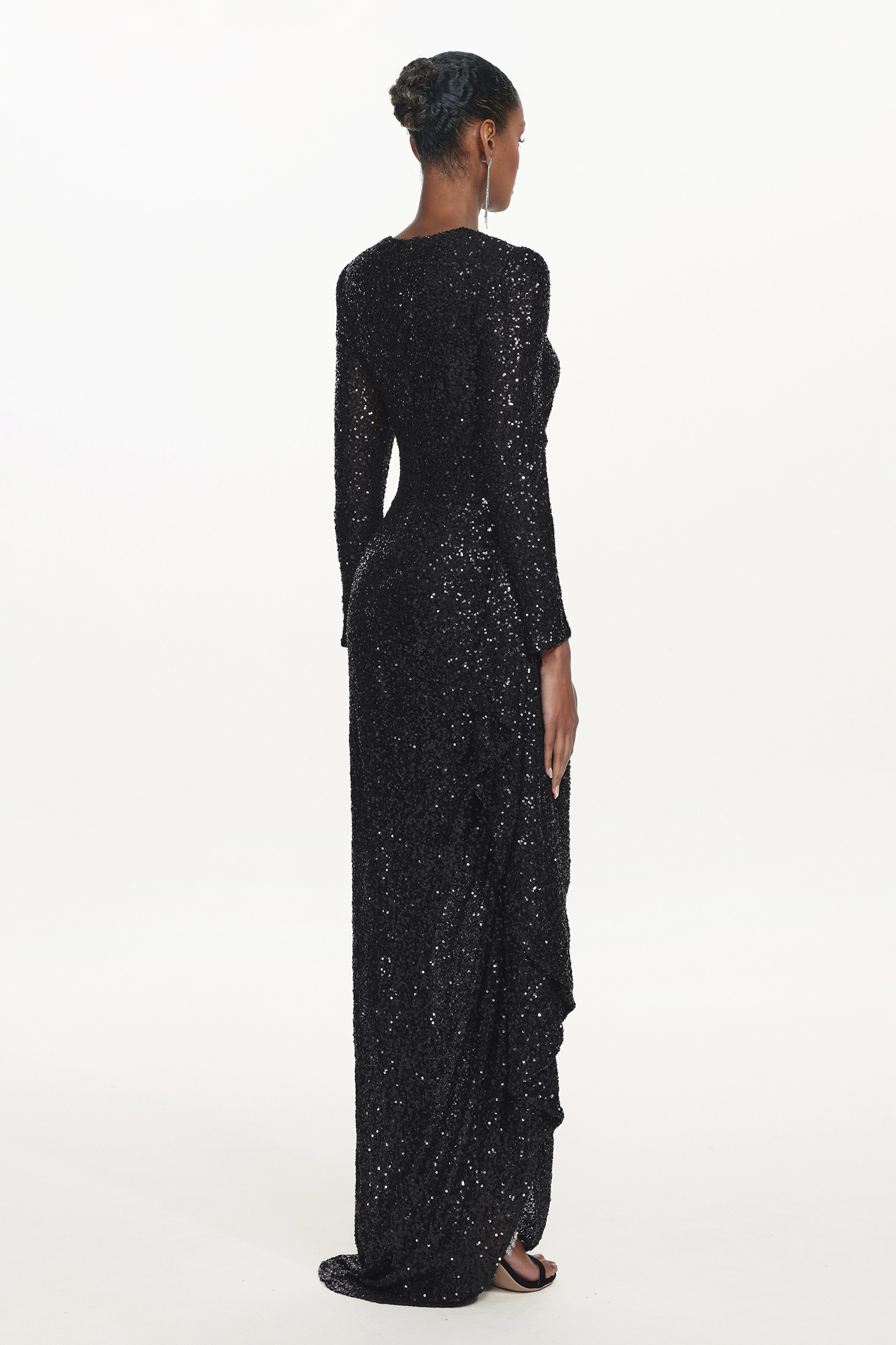 Salamo Glamorous Contour Square Neck Long Sleeve Ruched Sequin Maxi Dress