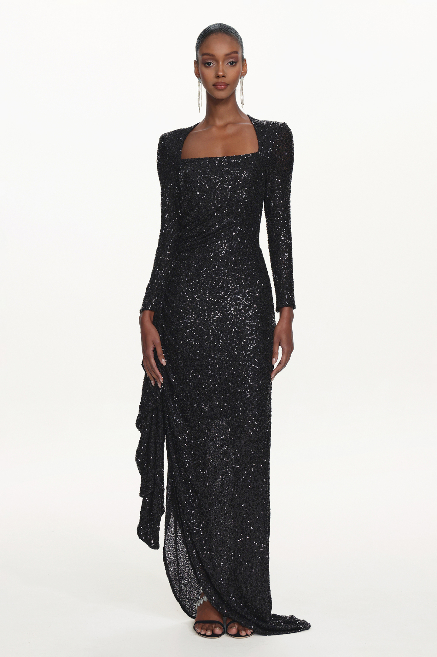 Salamo Glamorous Contour Square Neck Long Sleeve Ruched Sequin Maxi Dress