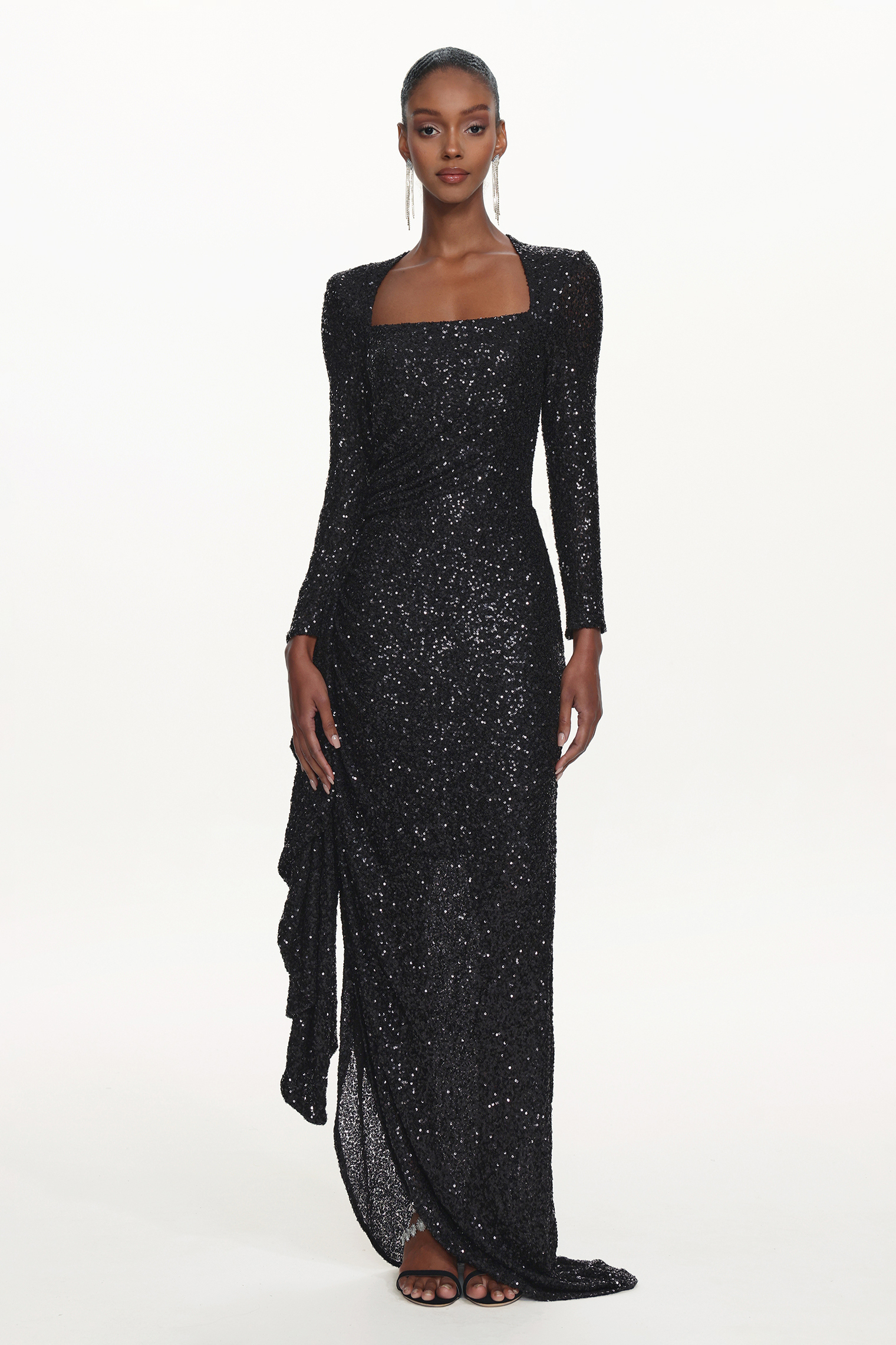 Salamo Glamorous Contour Square Neck Long Sleeve Ruched Sequin Maxi Dress