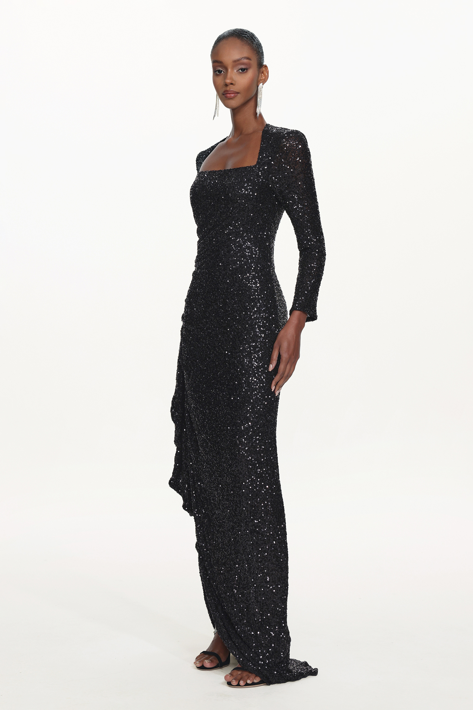 Salamo Glamorous Contour Square Neck Long Sleeve Ruched Sequin Maxi Dress