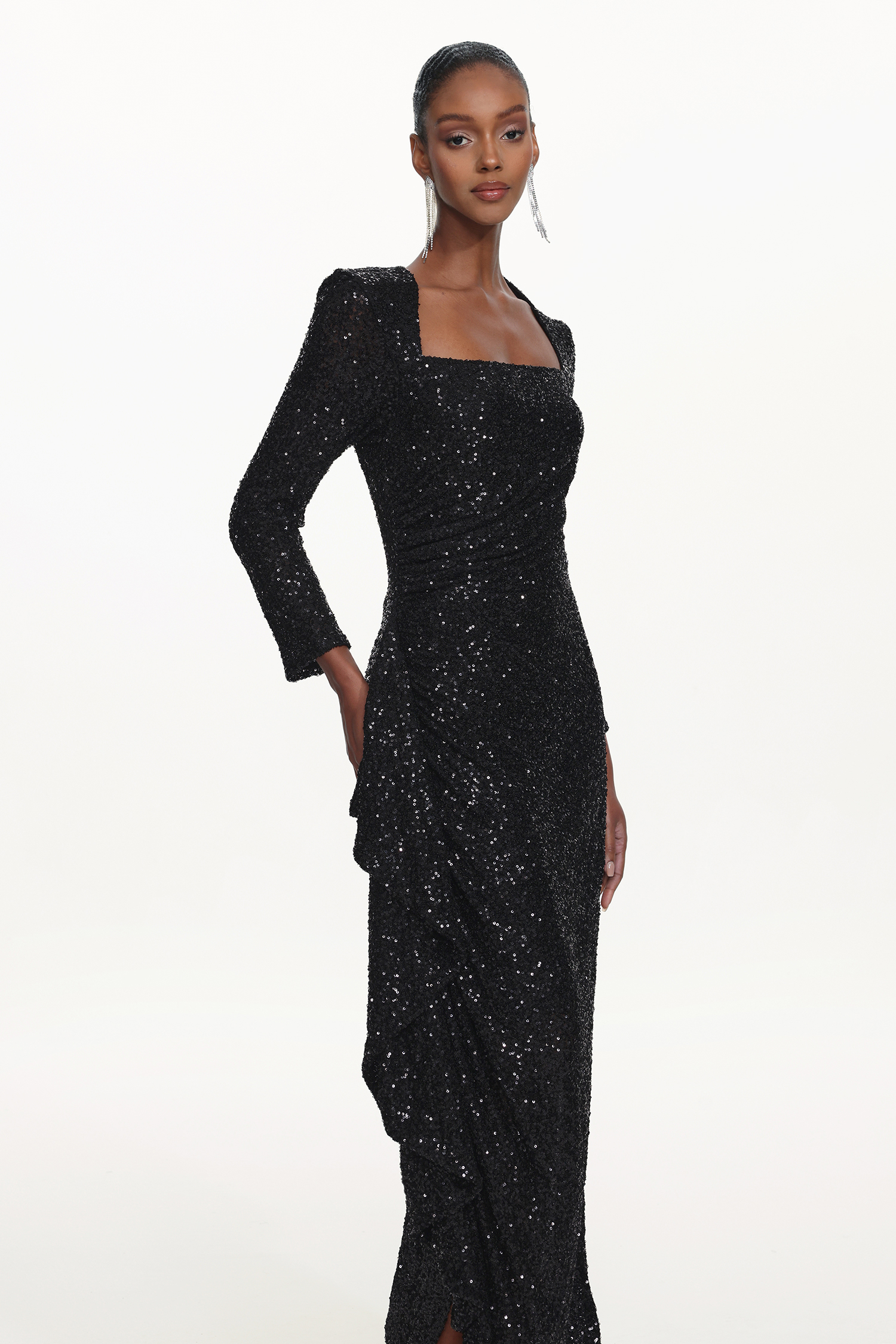 Salamo Glamorous Contour Square Neck Long Sleeve Ruched Sequin Maxi Dress