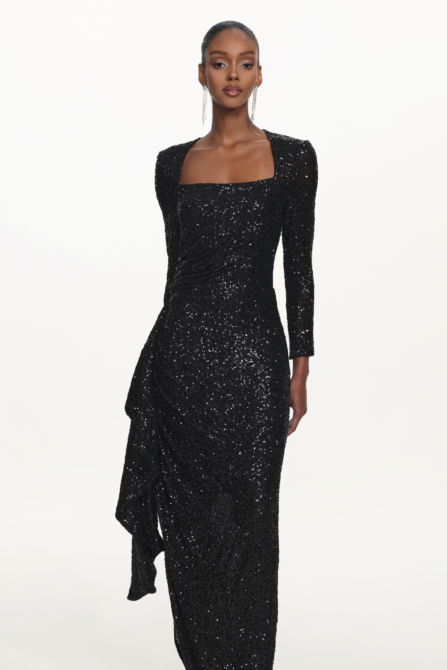 Salamo Glamorous Contour Square Neck Long Sleeve Ruched Sequin Maxi Dress